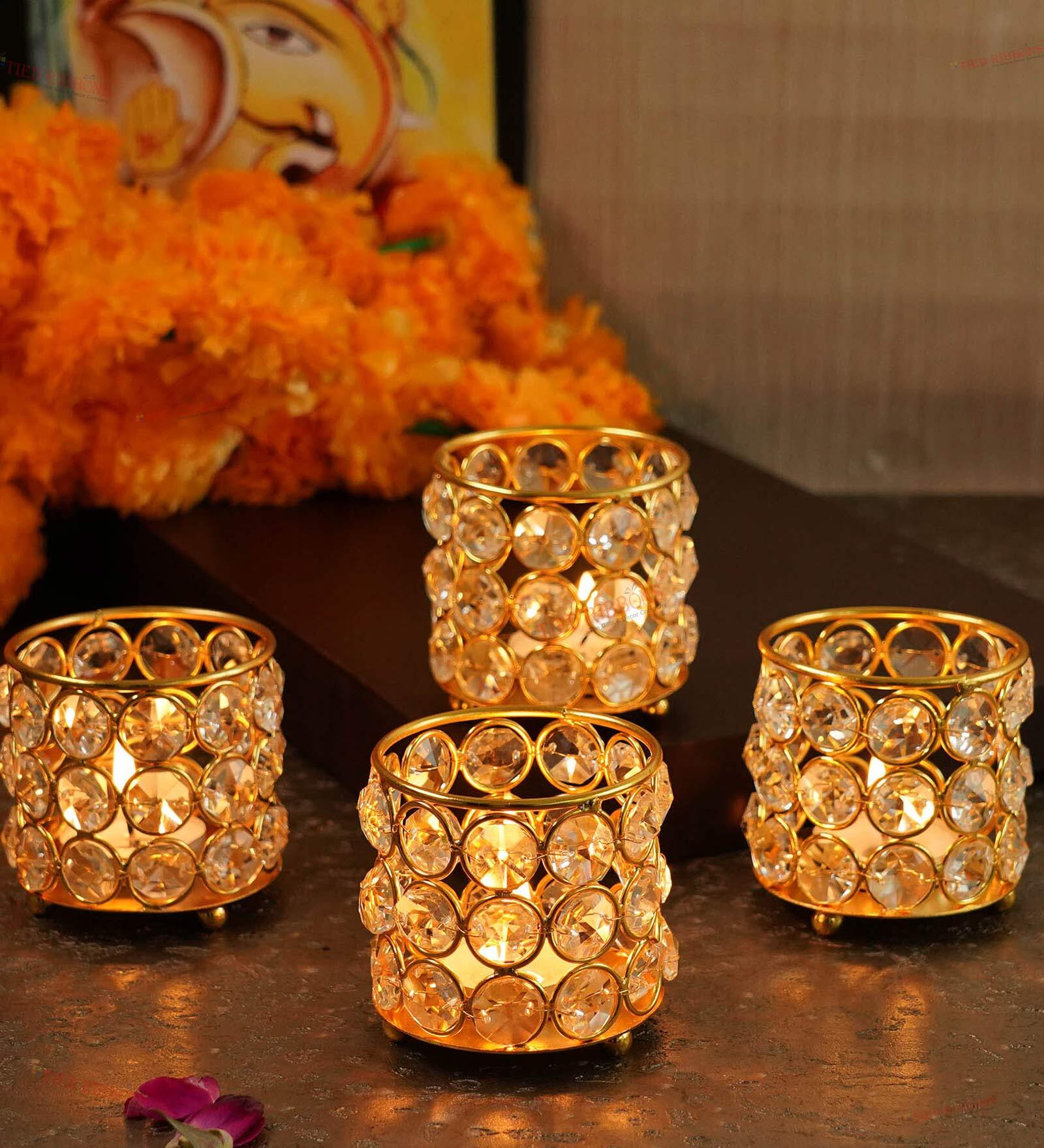 Crystal Gold Metal Set Of 4 Table Tealight Candle Holders