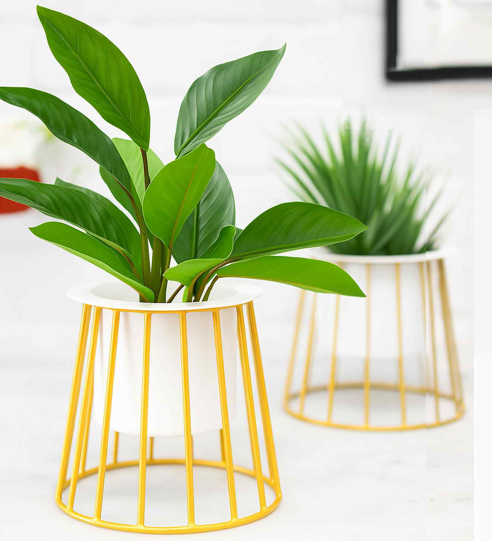 Gold Metal Taper Cylinderical Table Planter Stand With White Pot (Set of 2)