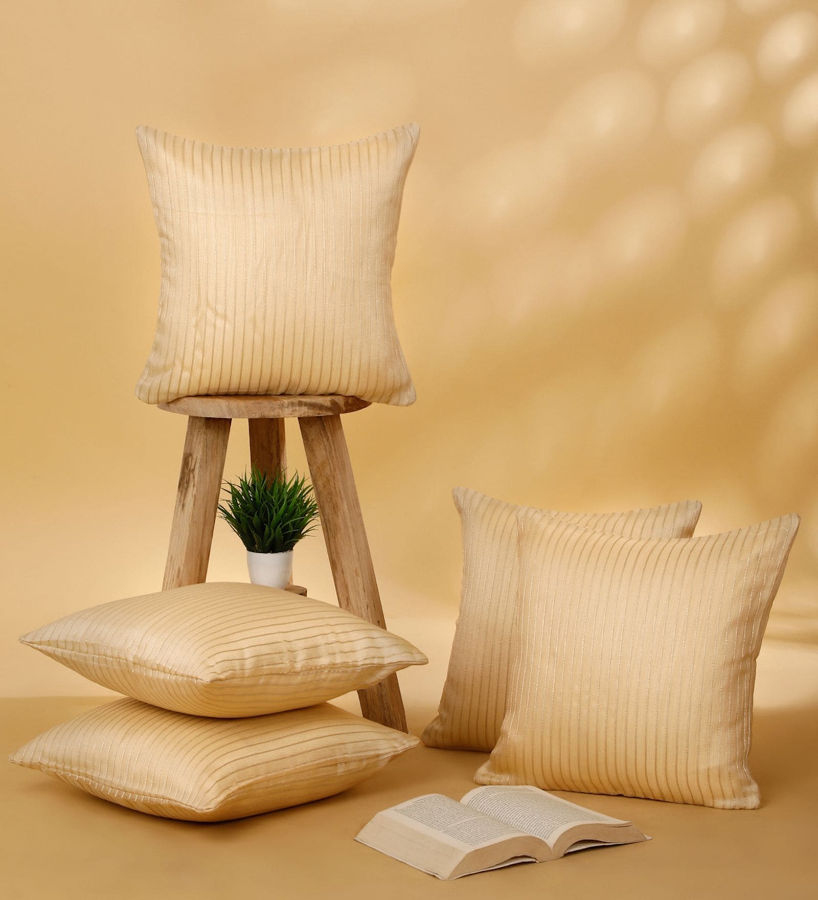 Gold Polyester Striped 16x16 inches Cushion Cover Set of 5