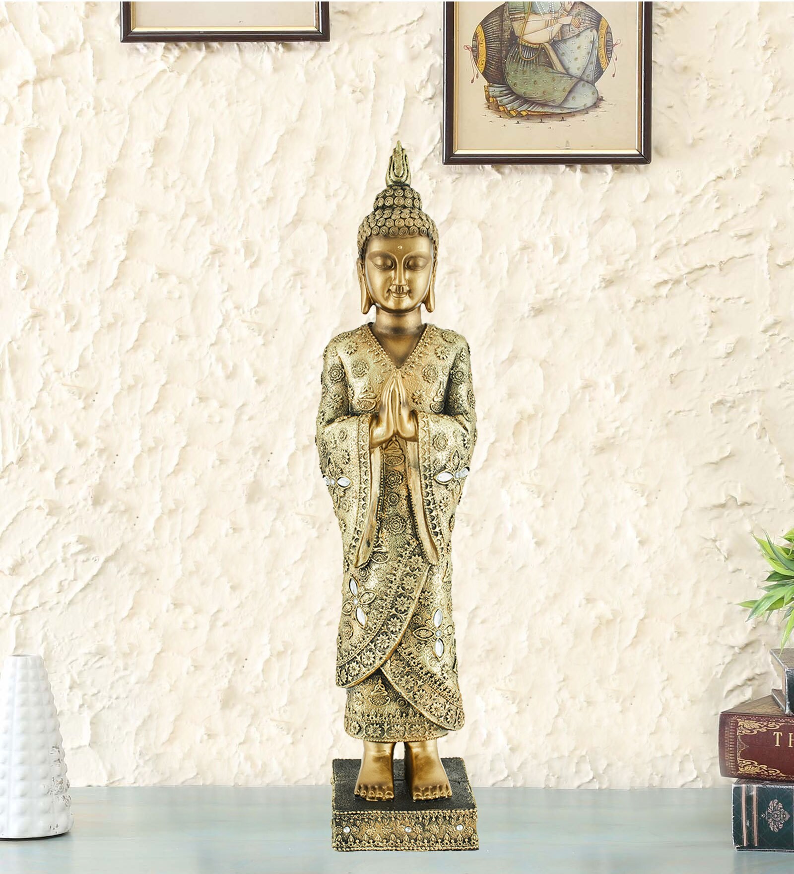 Living Essence Gold Polyresin Fio Praying Buddha Cape Buddha