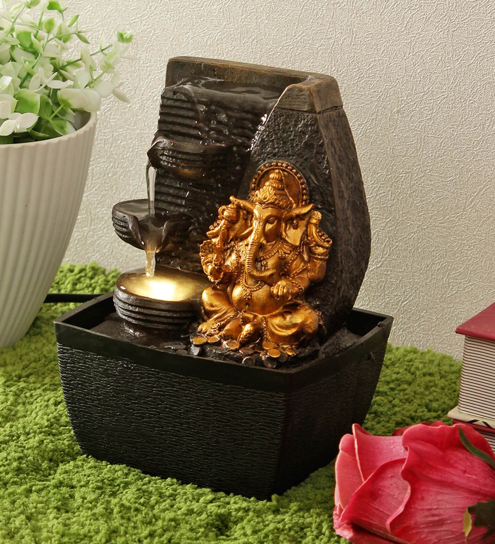 Living Essence Gold Polyresin Ganesha 3 Drop Indoor Water Fountain