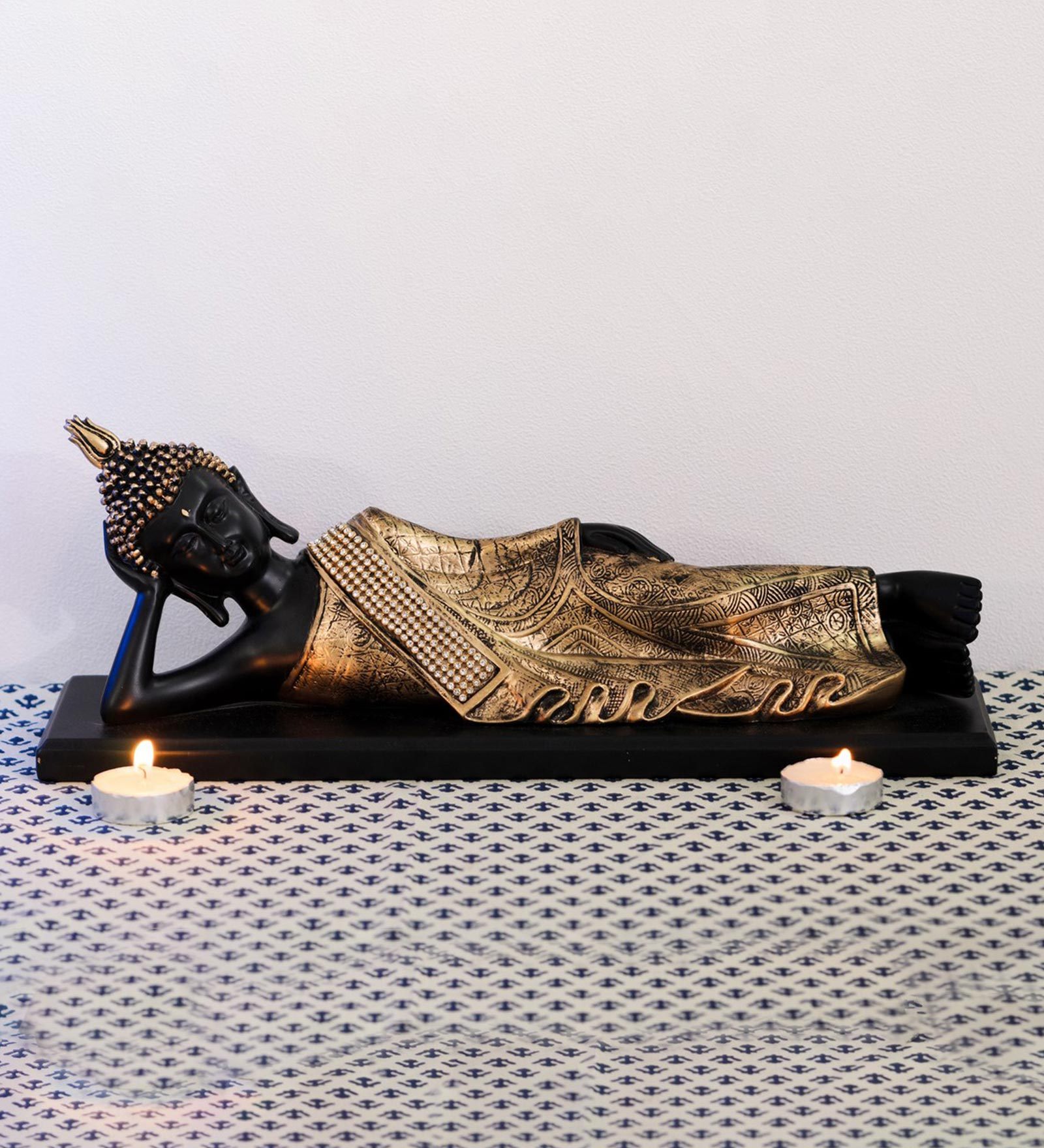 Gold Polyresin Resting Buddha On Wooden Board Idol