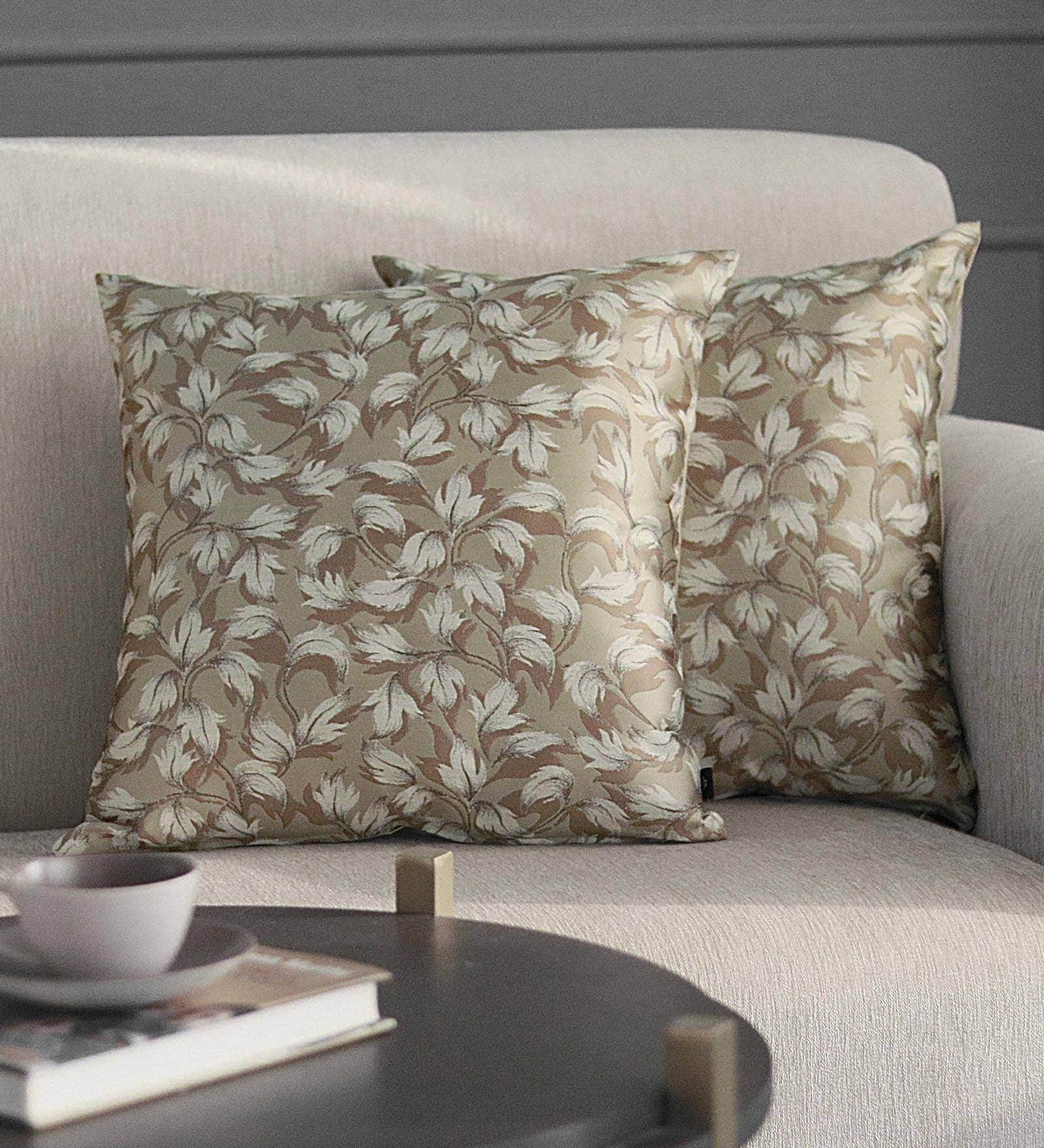 Gold Floral Poly Viscose 16 x 16 Inches Cushion Covers (Set of 2)