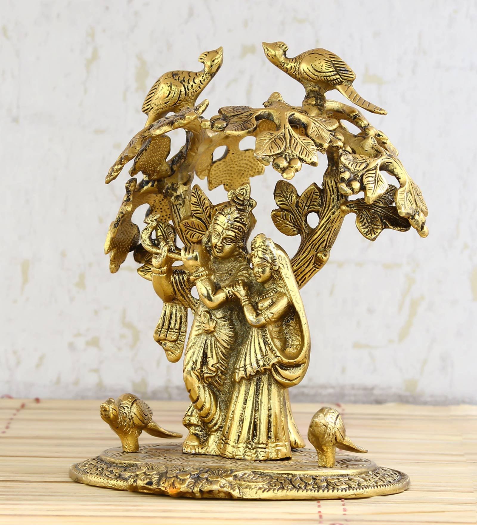 Gold Radha Krishna Standing Under Tree Showpiece