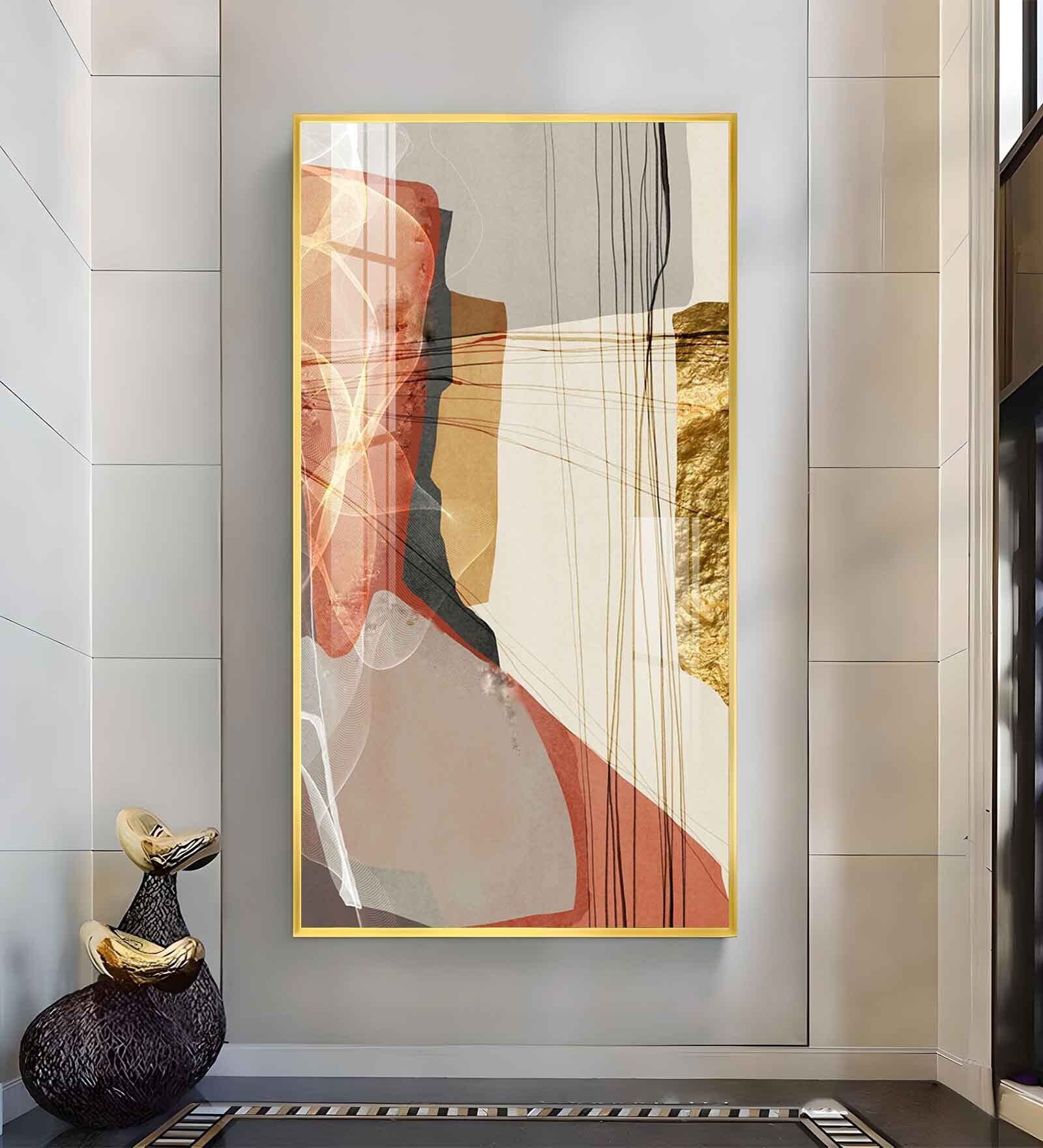 Gold-Red Abstraction Glass Finish Vertical Wall Art