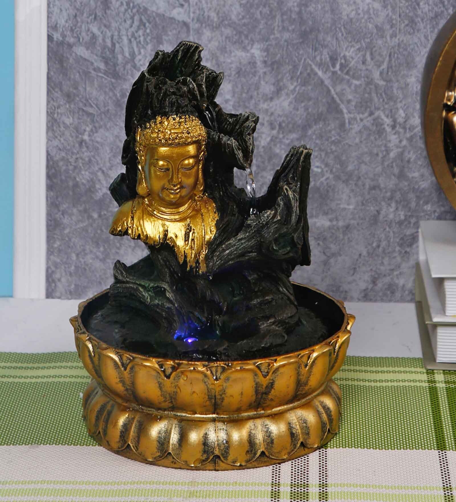 Gold Resin Mystic And Pleasant Waterfall With Budha Figurine Indoor Water Fountain