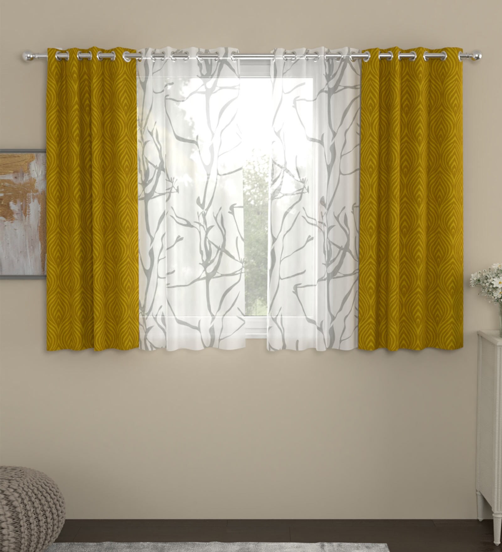 Gold Polyester Traditional 5ft Semisheer Eyelet 4 Pcs Window Curtains