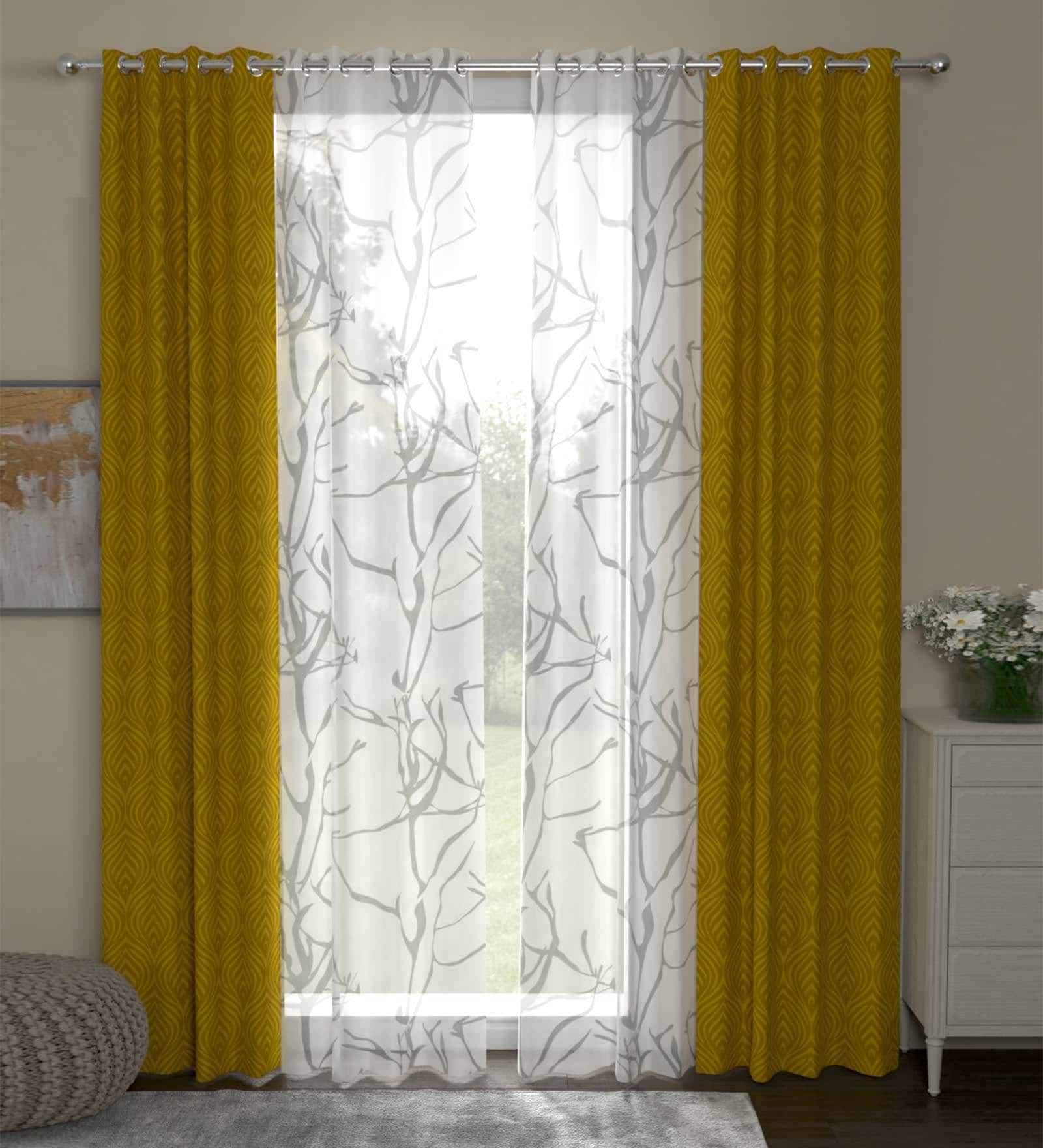 Gold Polyester Traditional 7ft Semisheer Eyelet 4 Pcs Door Curtains
