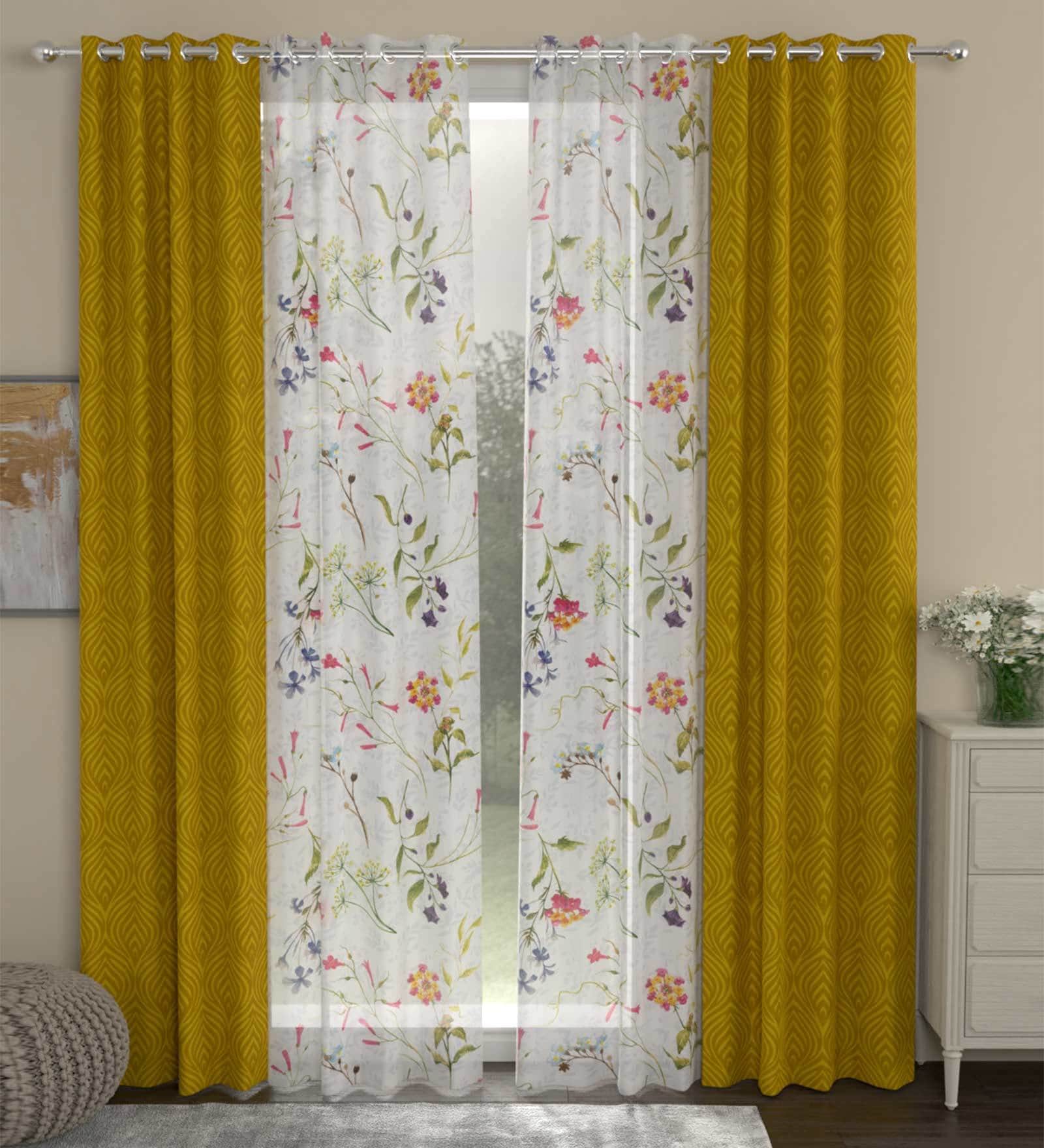 Mustard Polyester Traditional 7 Ft Semisheer Eyelet 4 Door Curtains