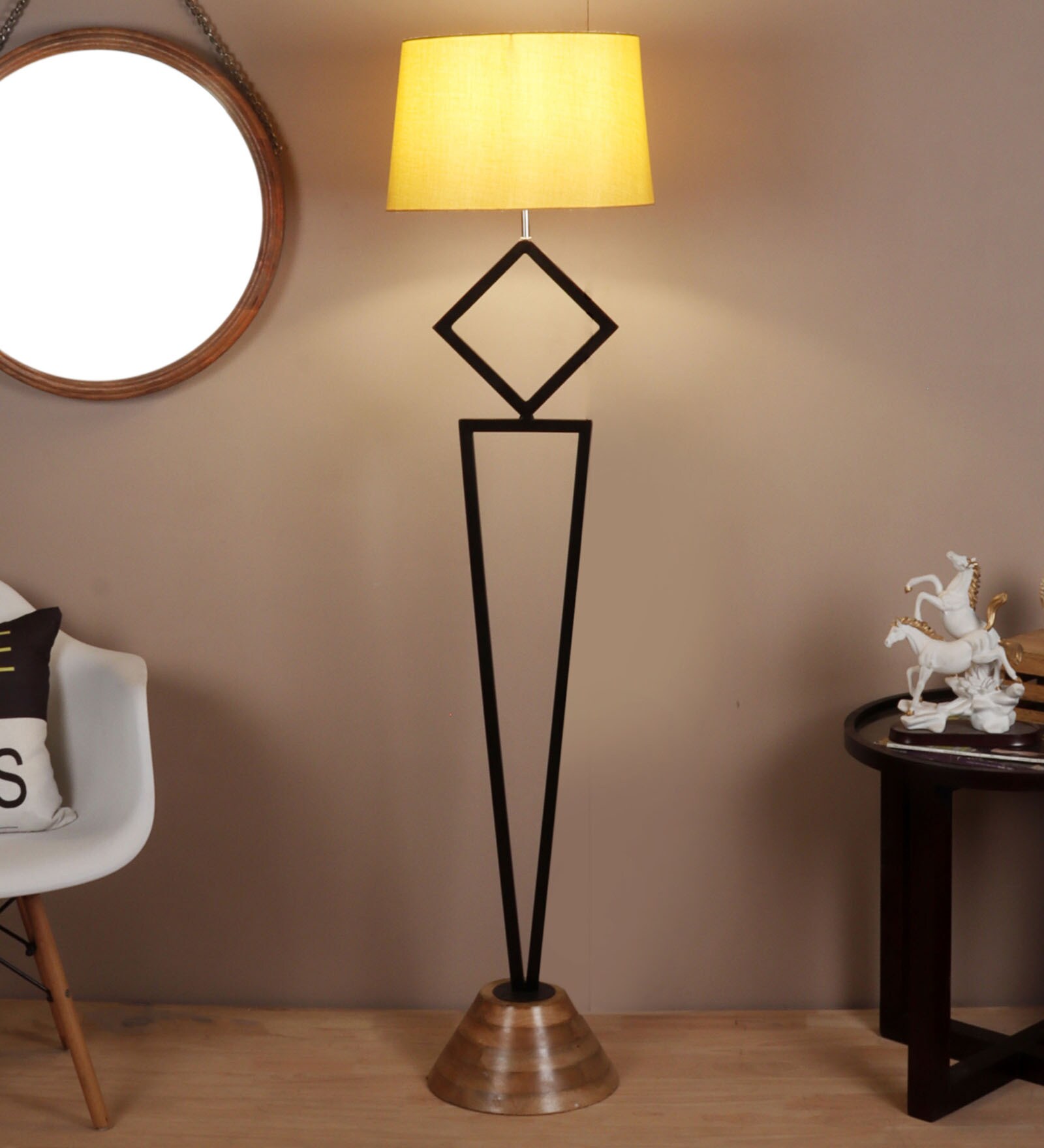 Buy Burnie Gold Cotton Shade Club Floor Lamp With Wood & Metal Base at ...