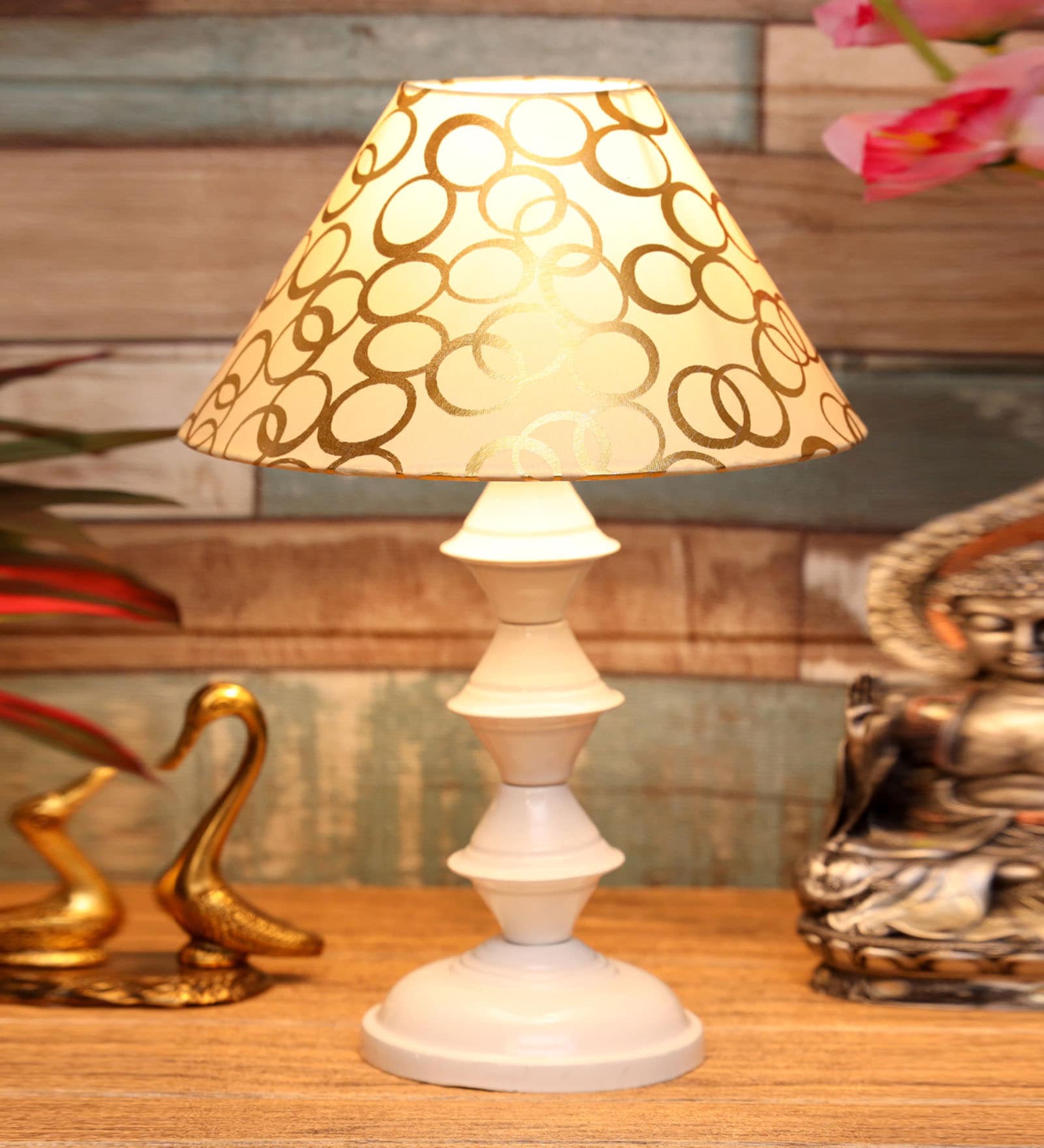 Beige & Gold Shade Table Lamp With Metal Base