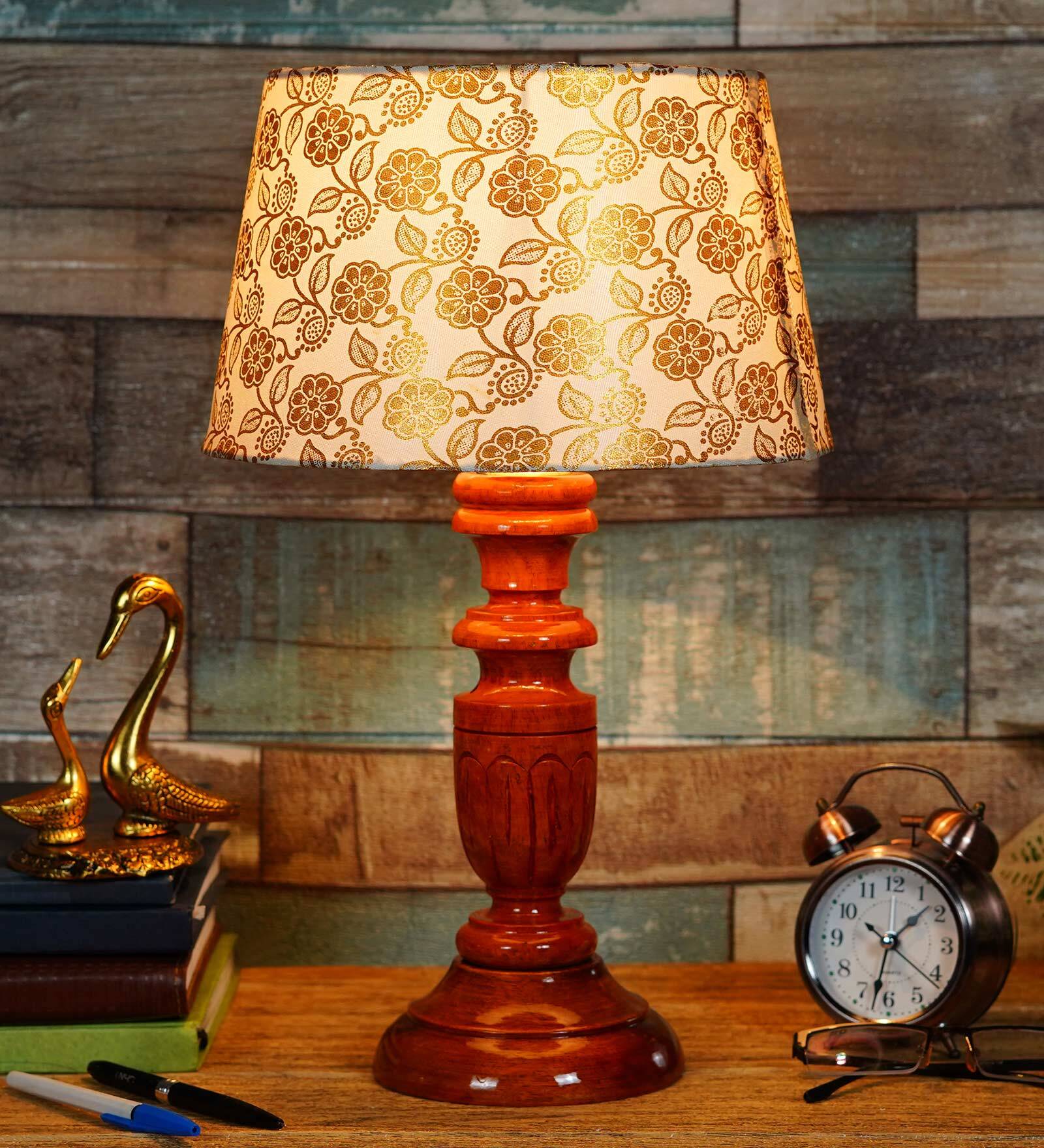 Fangio Gold Fabric Shade Night Lamp With Wood Base