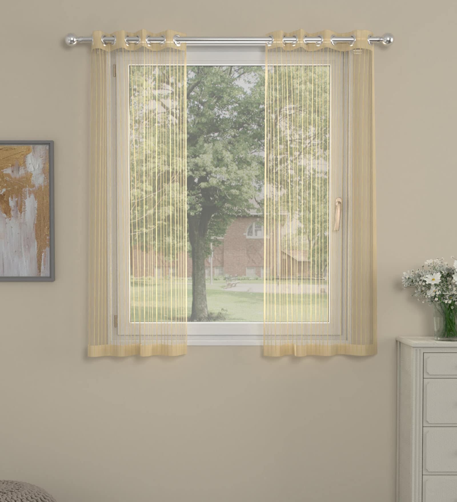 Gold Polyester Striped 5ft Sheer Eyelet 1 Pc Window Curtain