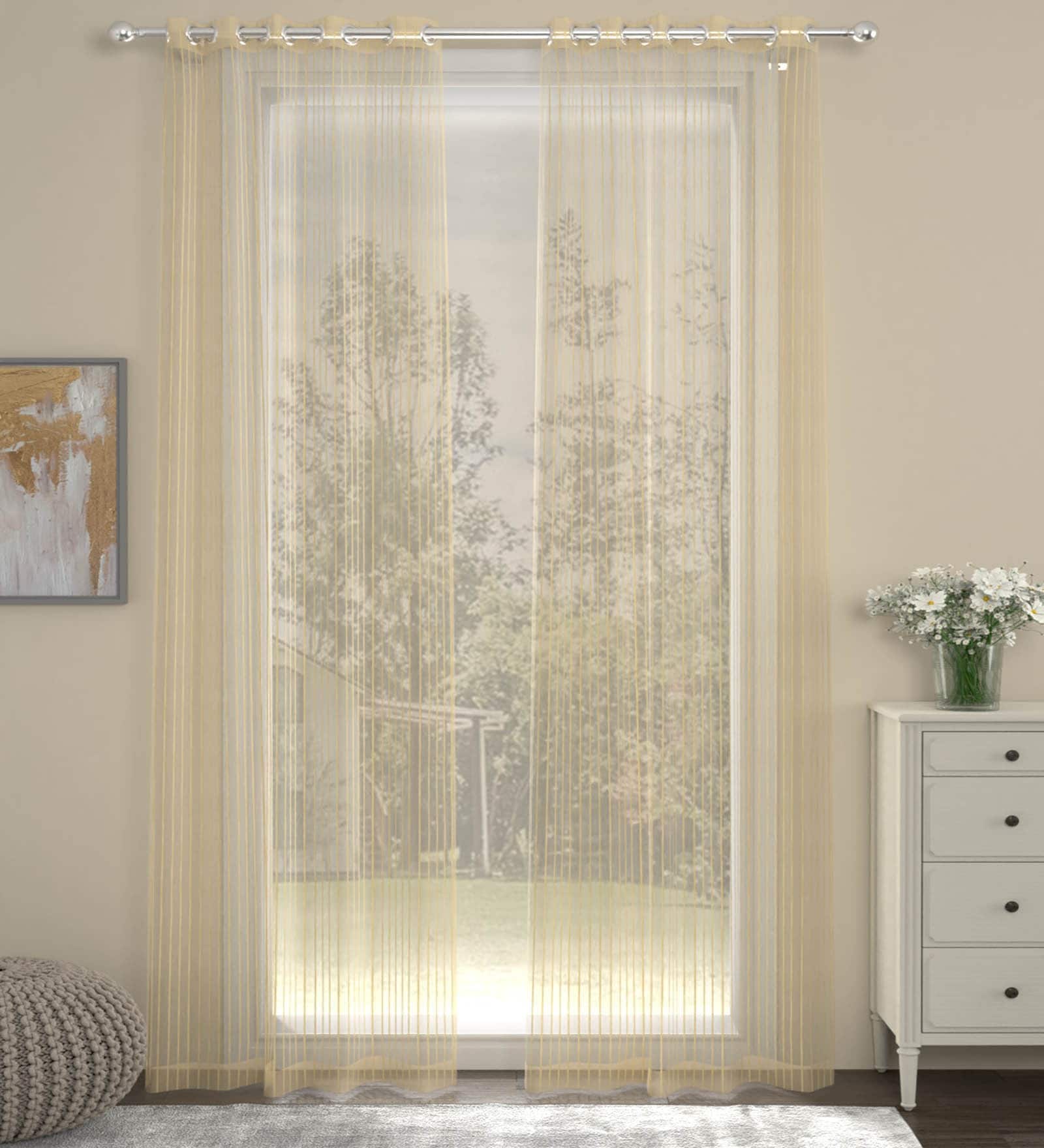 Gold Striped Polyester 7 Ft Sheer Eyelet Door Curtain