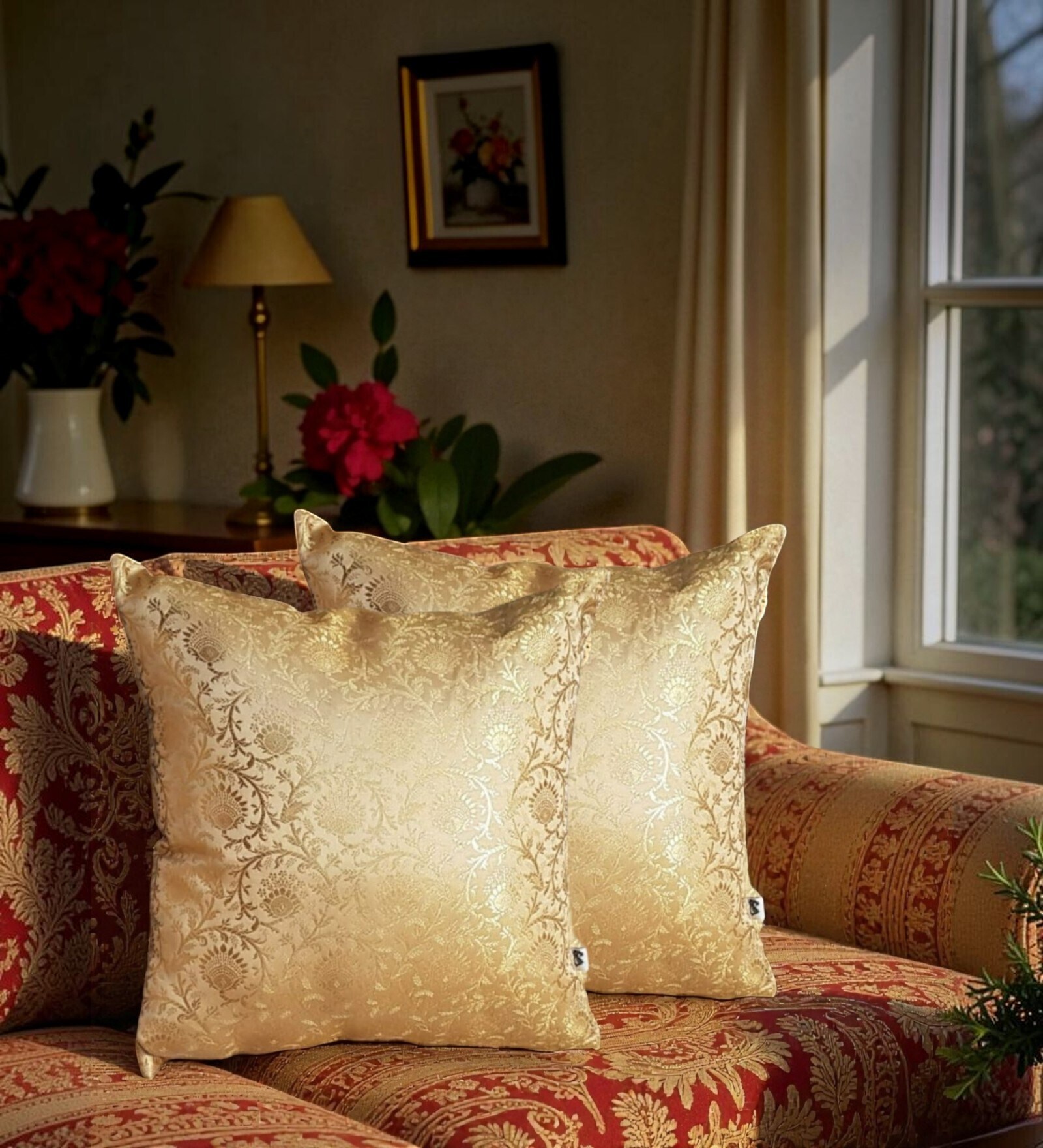 Gold Silk blend Brocade Meenakari Morpankh  16x16 inches Cushion Covers (Set of 2)