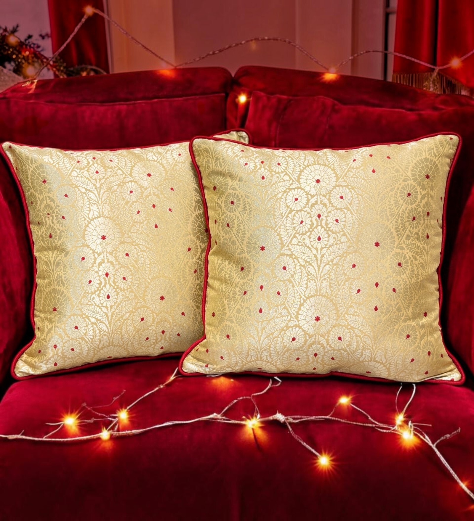 Gold Silk blend Woven Traditional Brocade 16x16 inches Cushion Covers (Set of 2)