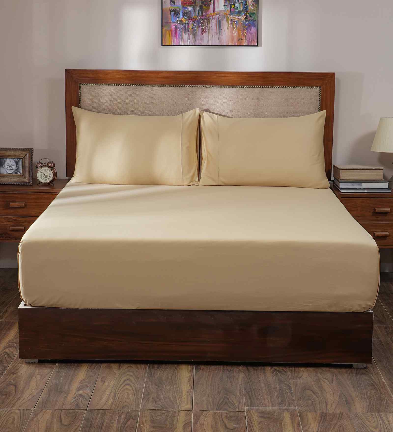 Gold Solid 400 TC Cotton King Size Bed Sheet with 2 Pillow Covers 23 Collection