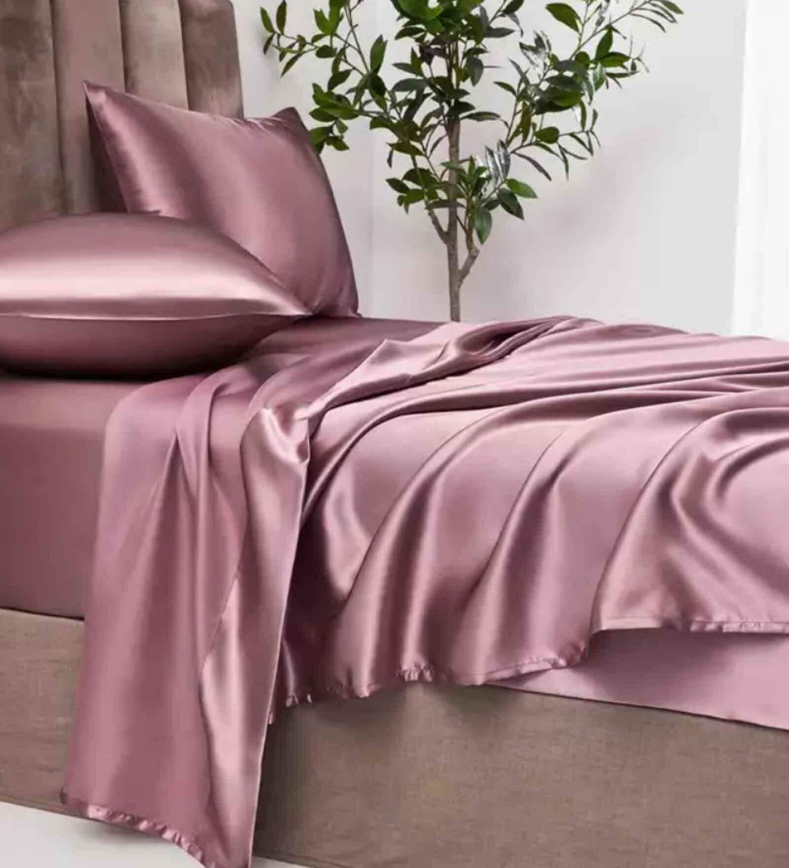 Rose Gold Solid 400 TC Satin King Fitted Bedsheet with 2 Satin Pillow covers