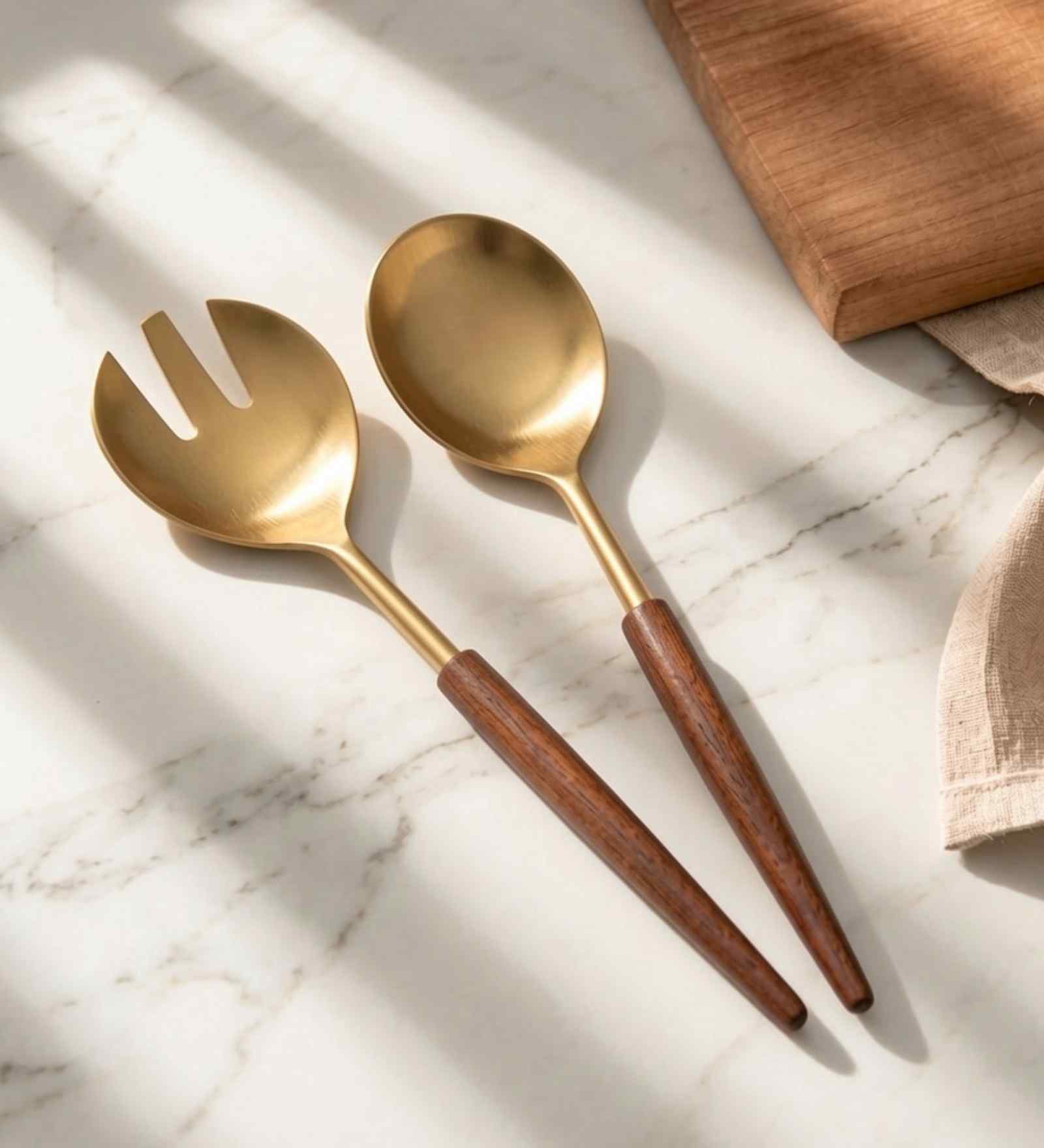 Gold Stainless Steel Serving Spoons With Wooden Handles Set Of 2