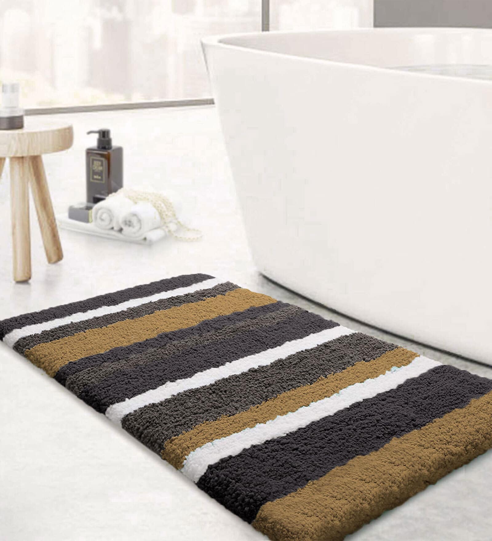 Gold and Grey Stripe Microfibre 30x18 Inches AntiSkid Bath Mat