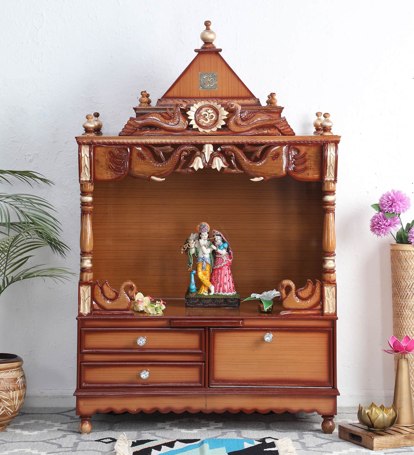 Wood Teak Wood Floor Rested Mandir Without Door