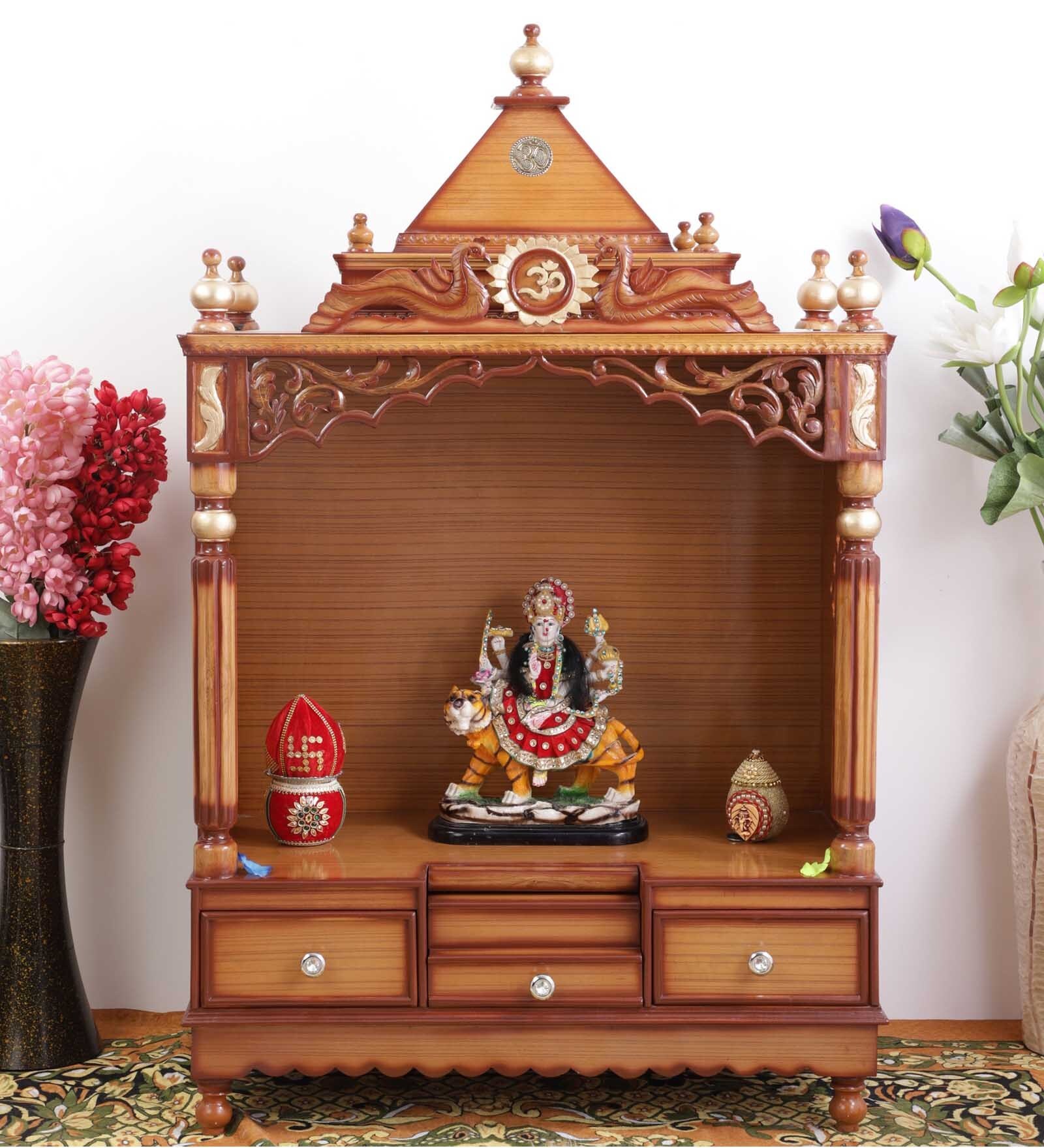 Gold Teak Wood Floor Rested Mandir Without Door