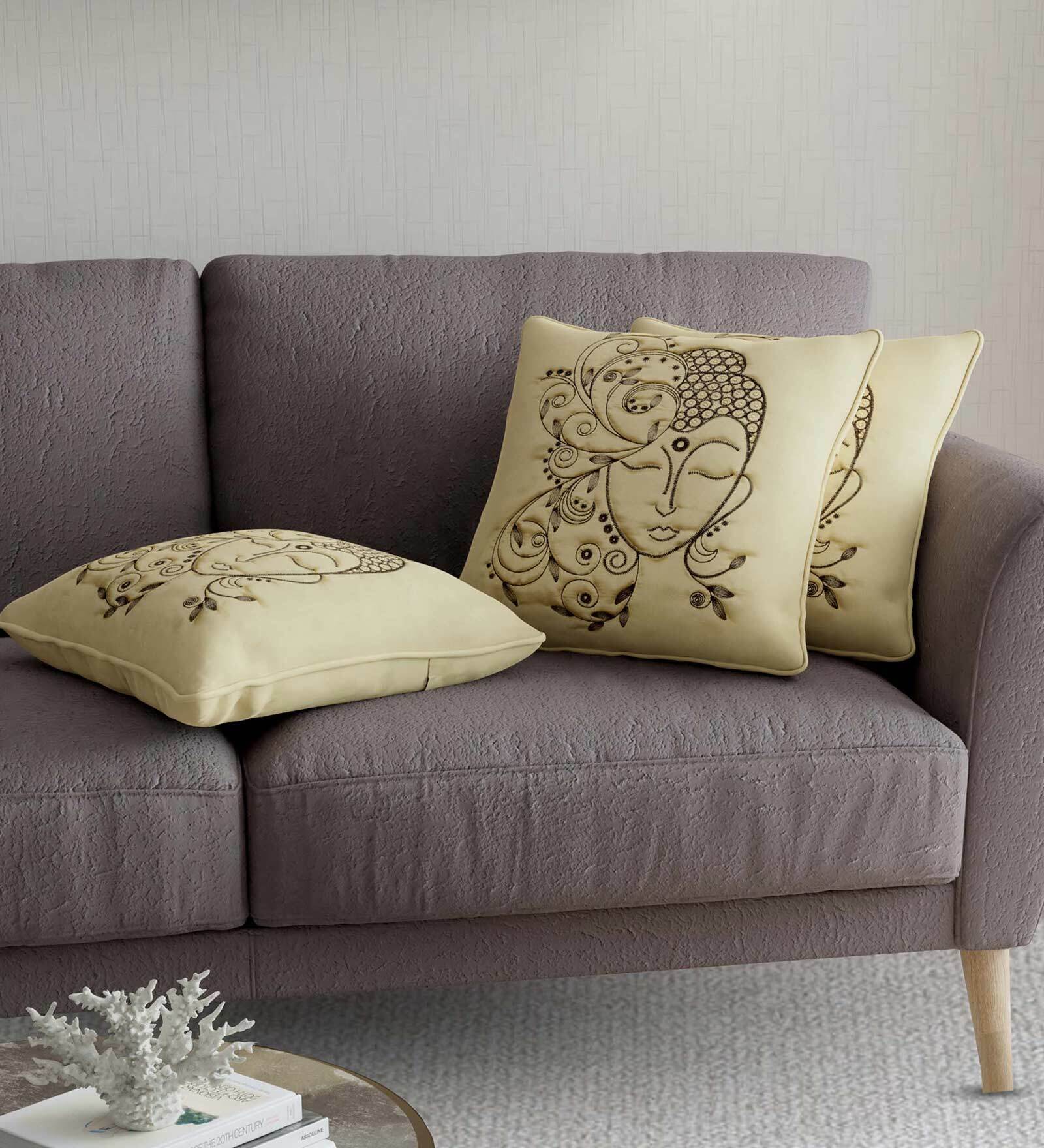 Buy Gold Traditional Cotton 16 x 16 Inches Embroidered Cushion Covers (Set of 5) by Jaipur