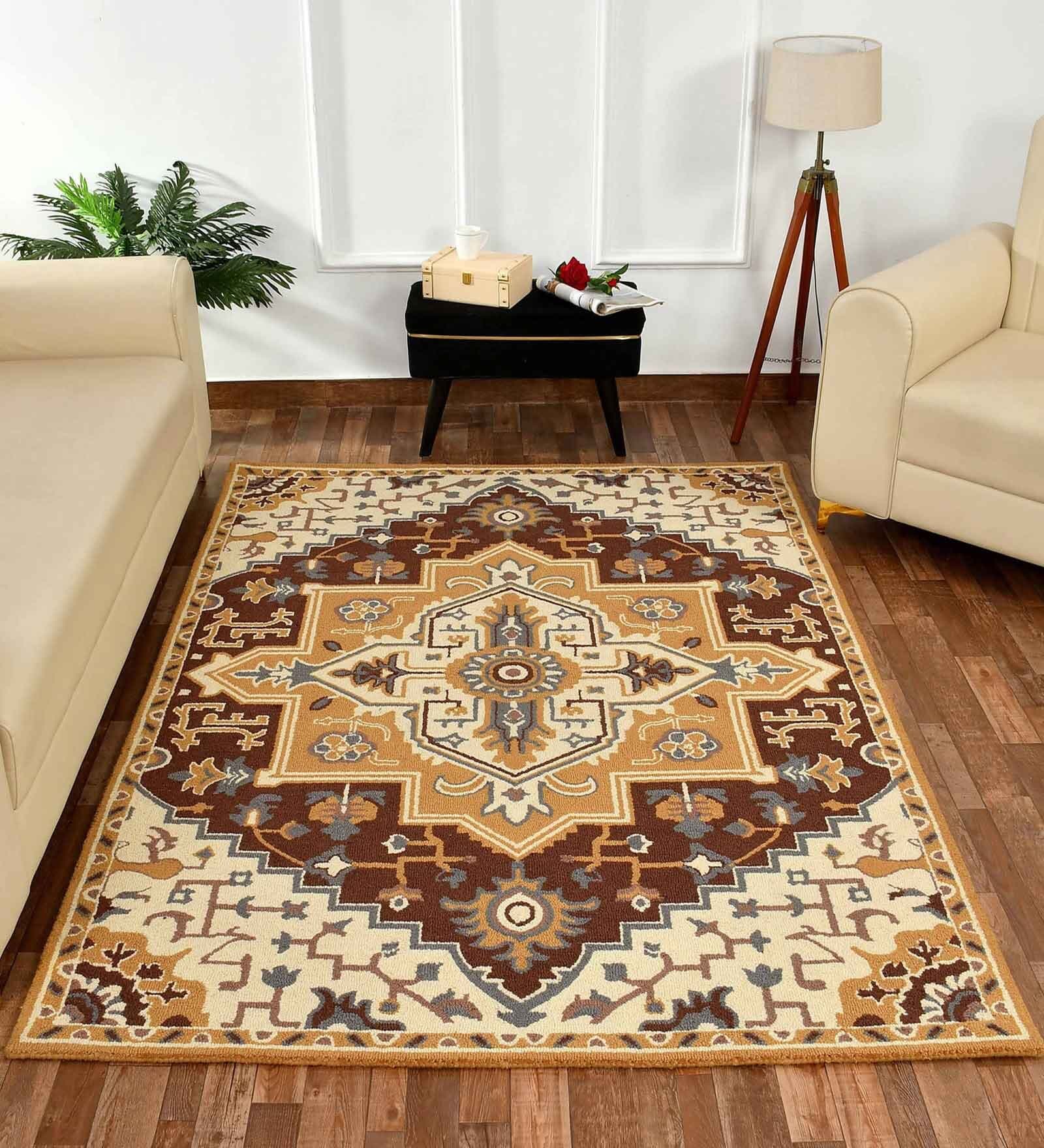 Gold Traditional Wool 5 ft x 7 ft Hand Tufted Carpet