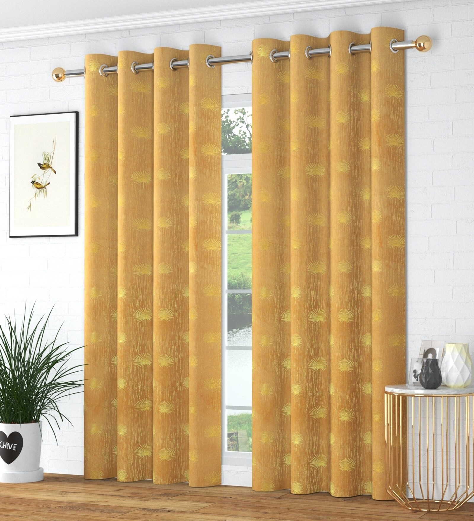 Gold Velvet Abstract 5 Foot Ring Top Window Curtains Set Of 2