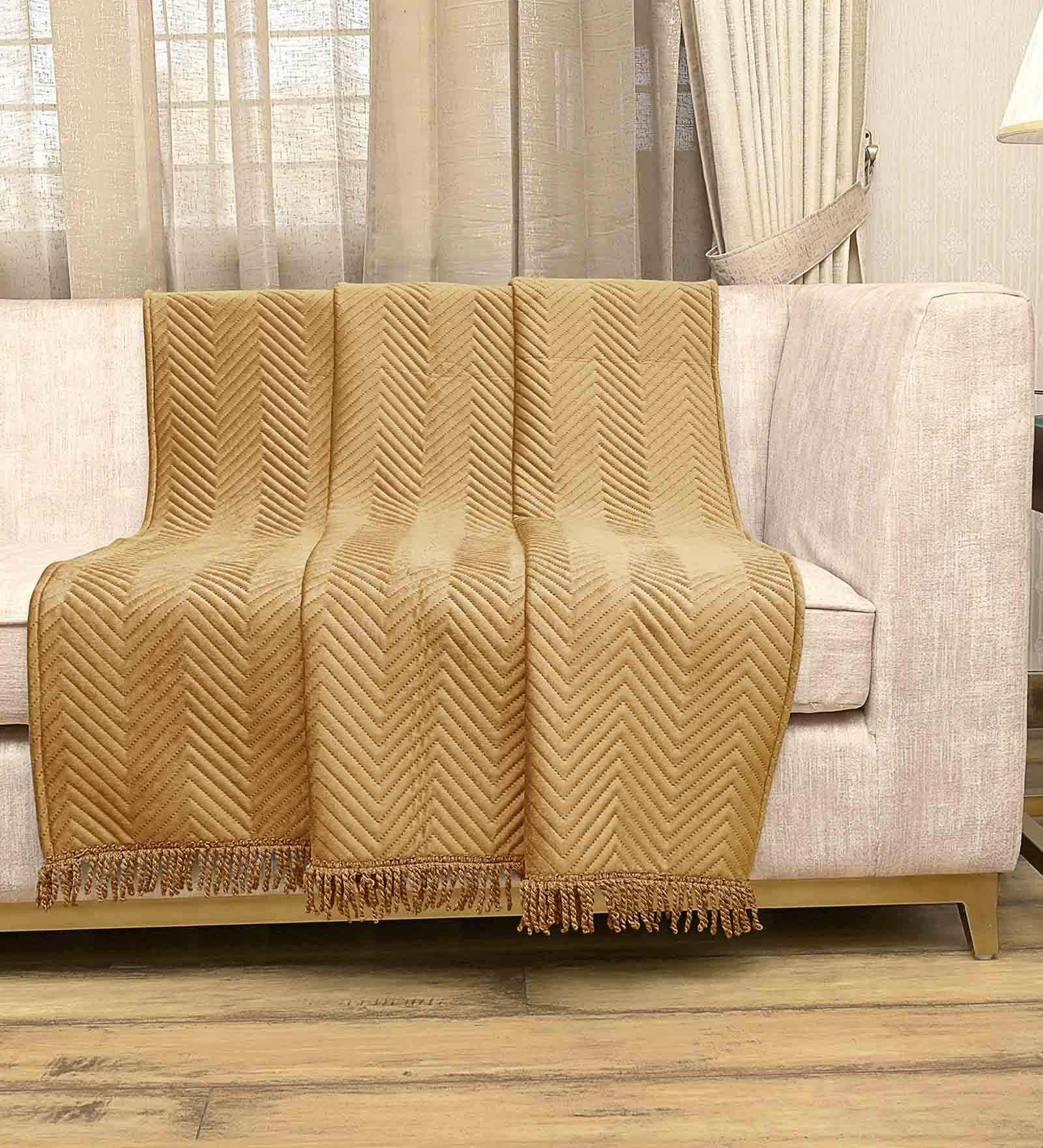 Gold Velvet Zig Zag 55x49 Inches Sofa Throw