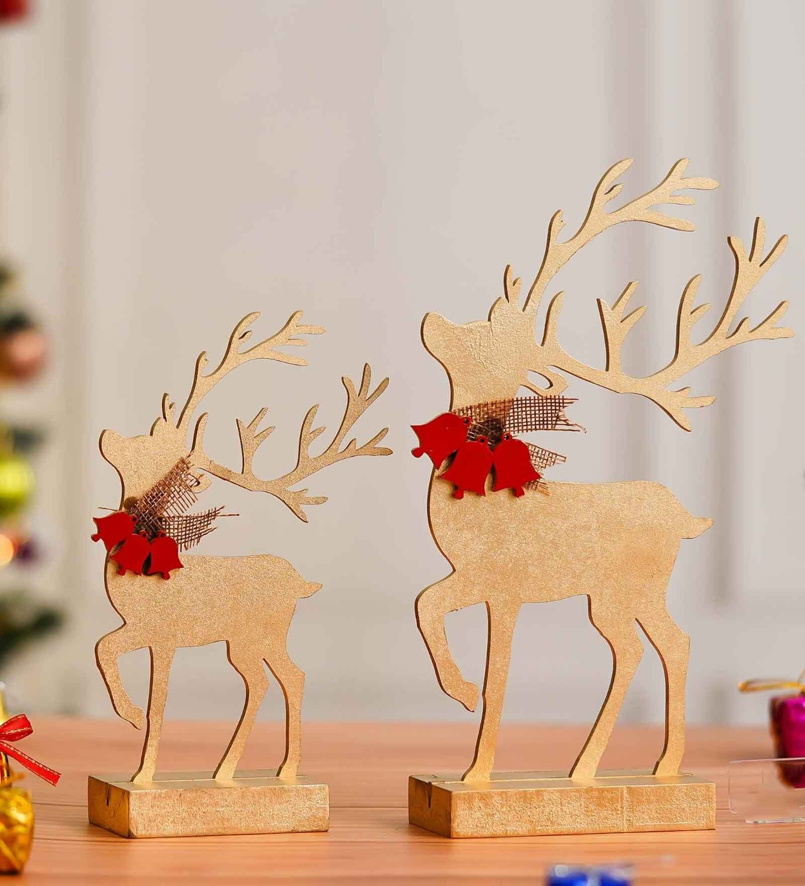 Gold Wood Reindeer Showpieces (Set of 2)