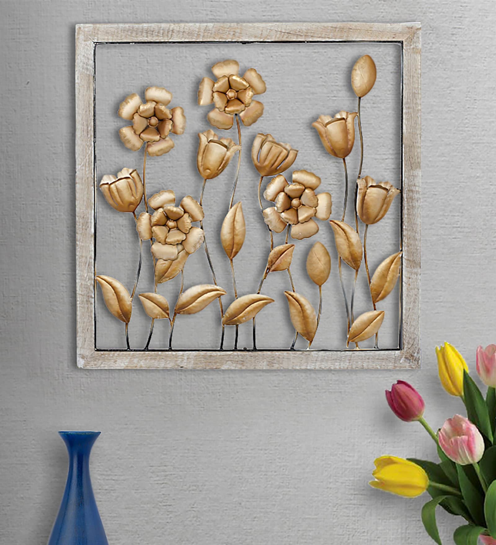 Gold Metal Flower Wall Decor With Square Frame