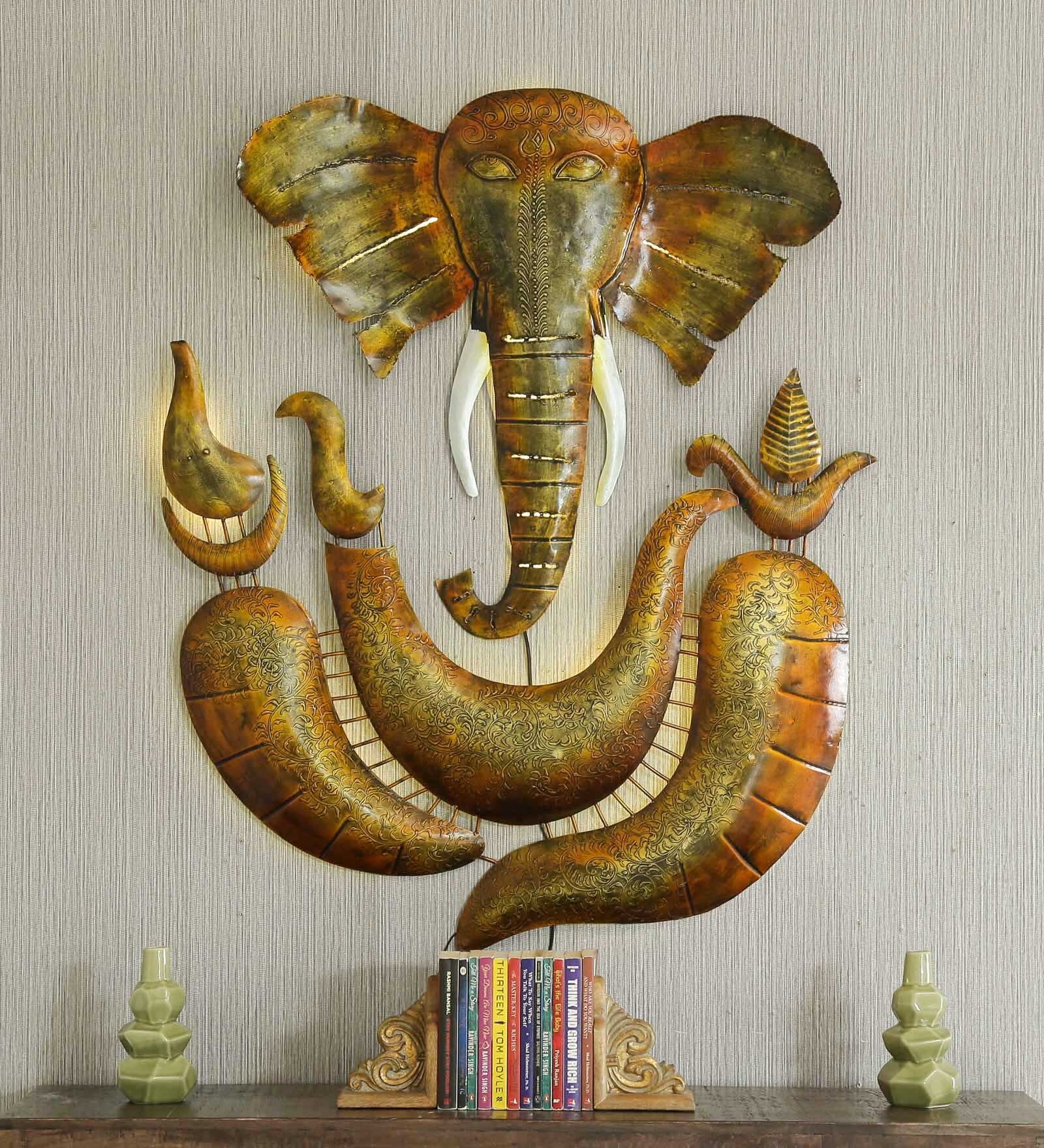 Grista Wrought Iron Lord Ganesha Wall Art With LED In Gold