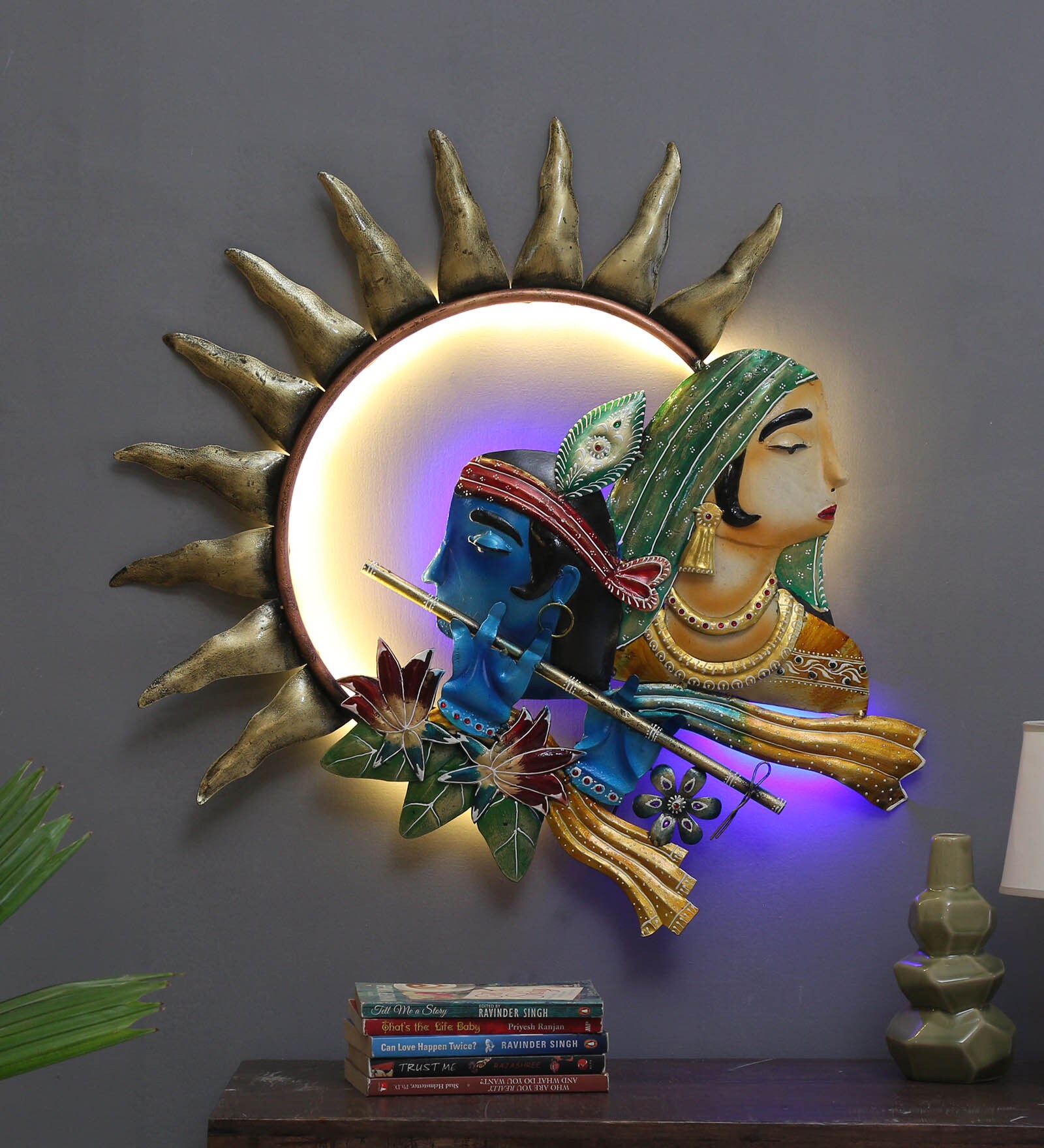Wrought Iron Lord Krishna Wall Art With Led In Gold