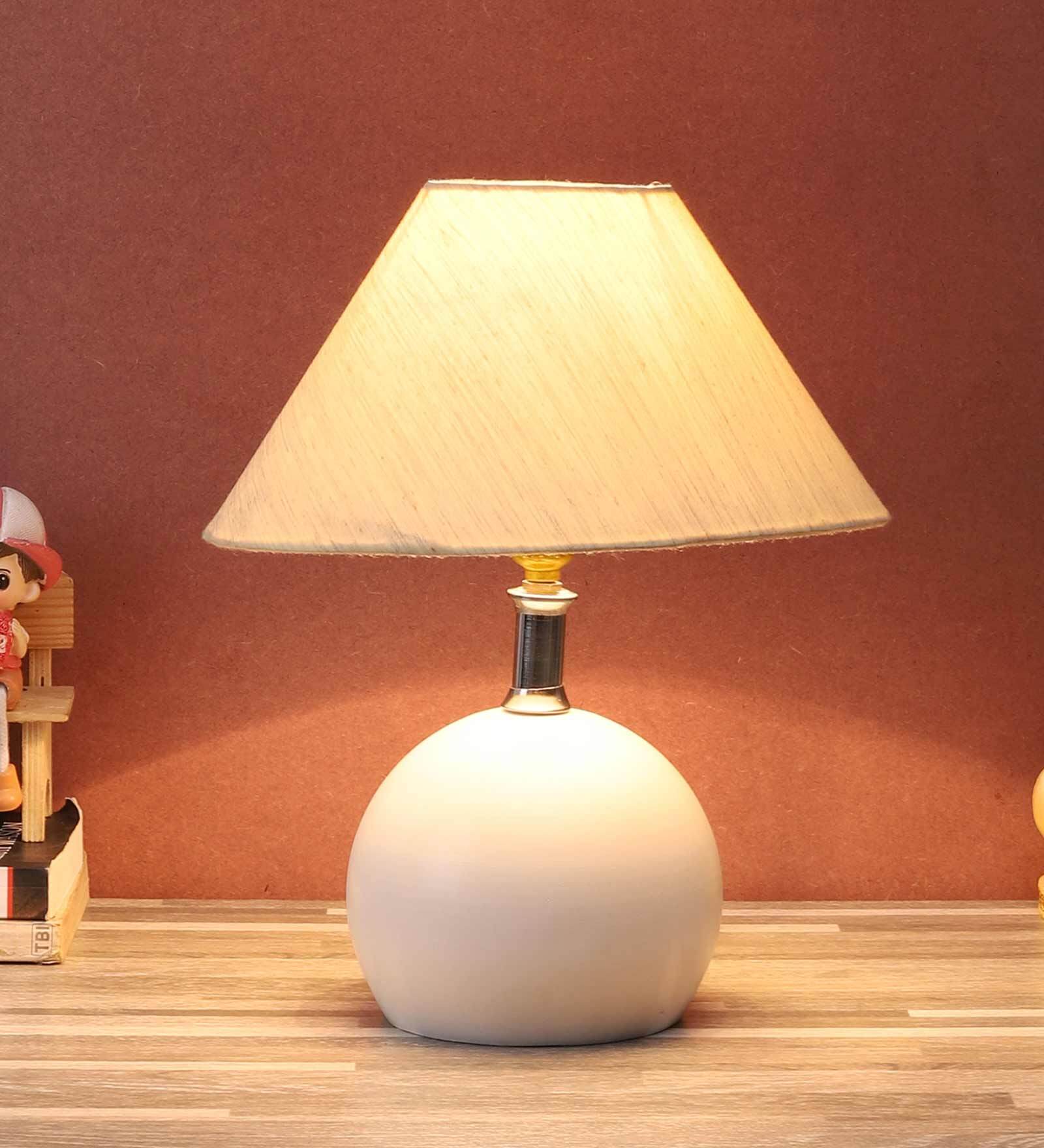 Golden & Beige Fabric Shade Table Lamp With White Base