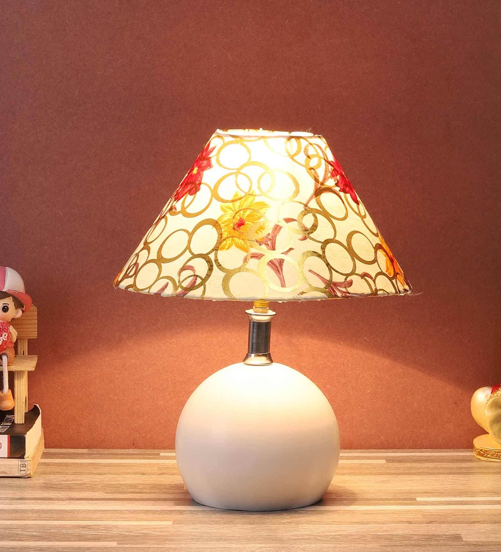 Golden & Beige Fabric Shade Table Lamp With White Base