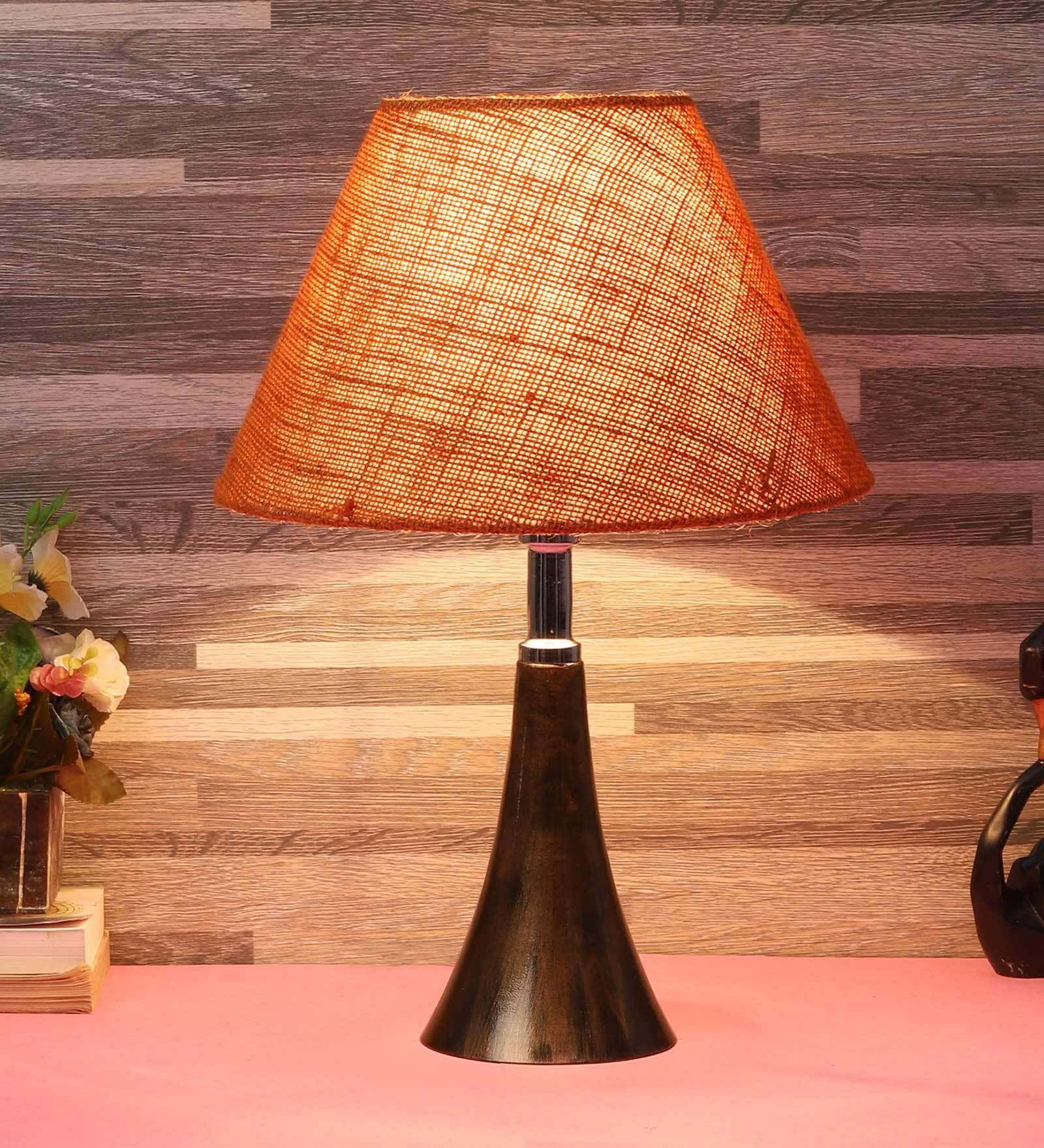 Golden & Beige Natural Fiber Shade Table Lamp With Copper Base