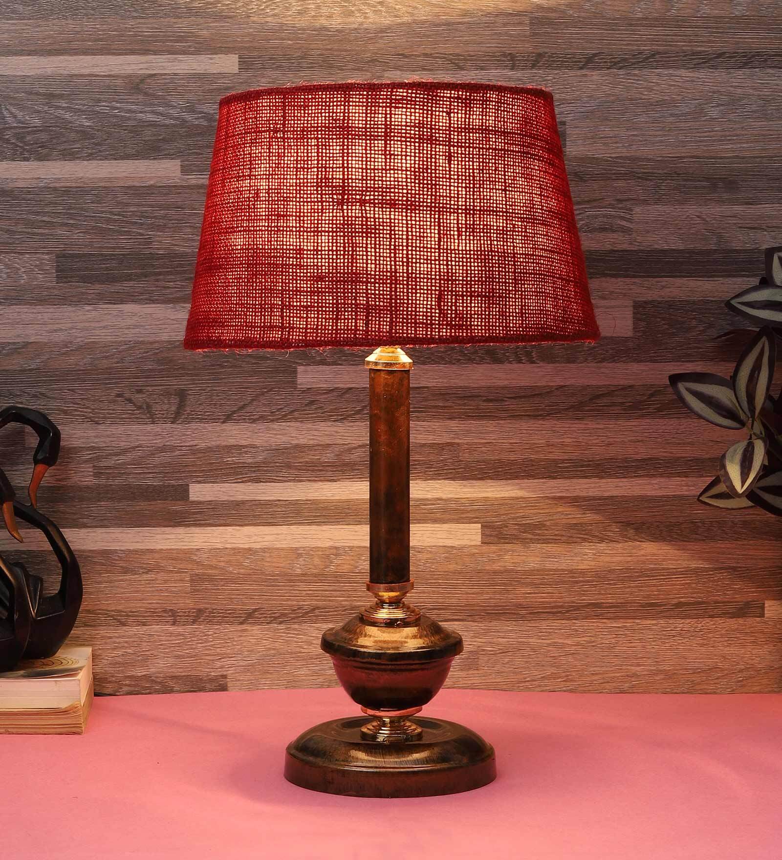 Golden & Beige Natural Fiber Shade Table Lamp With Copper Base