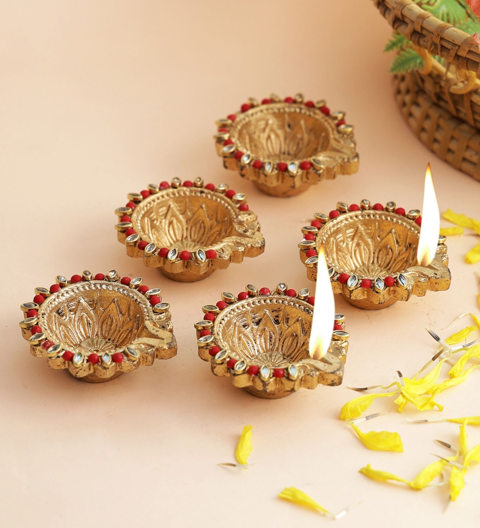 Buy Golden & Green Terracotta (Set of 5) Diya at 45% OFF by Aapno ...