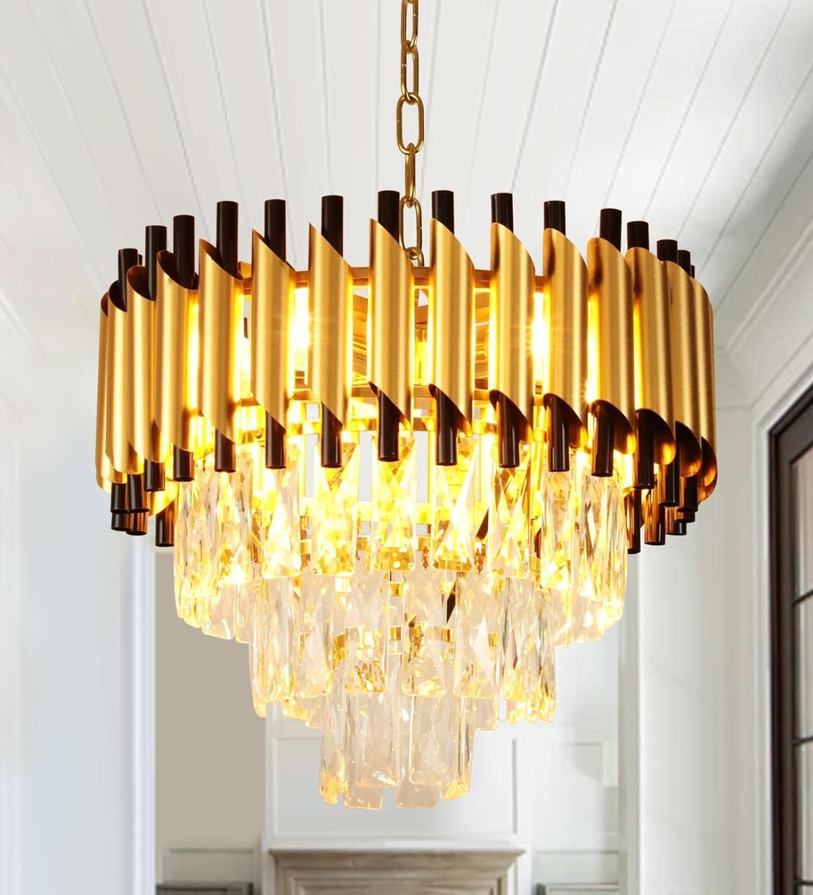 Golden 3 Tier Warm White Moon Light Golden Finish LED Round Crystal Chandelier