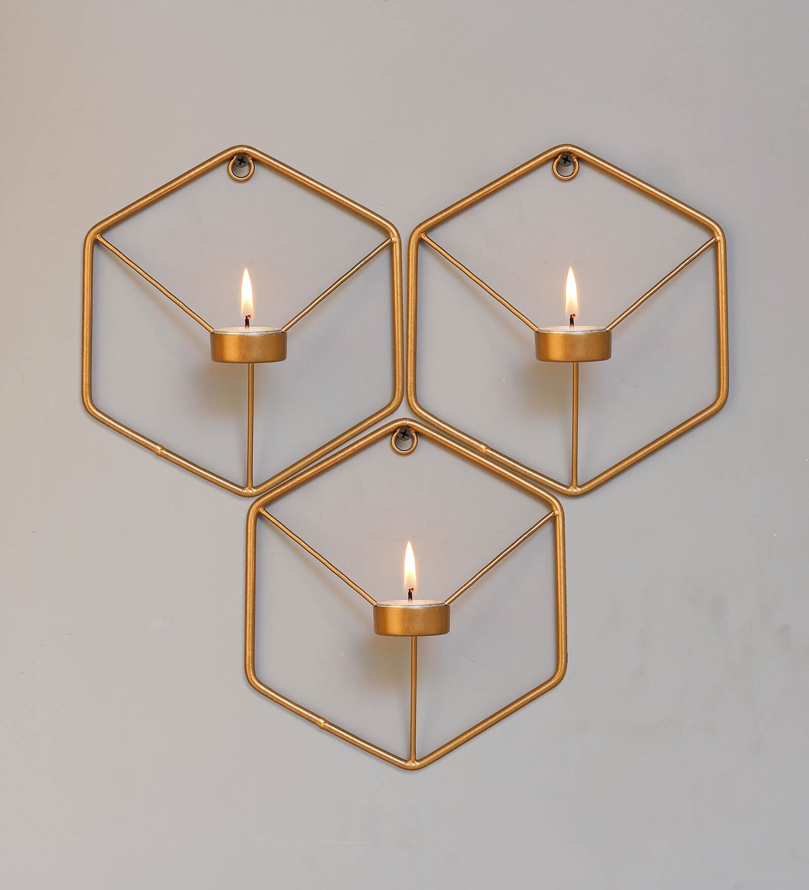Gold Hexagon Metal Wall Candle Stands (Pack Of 3)