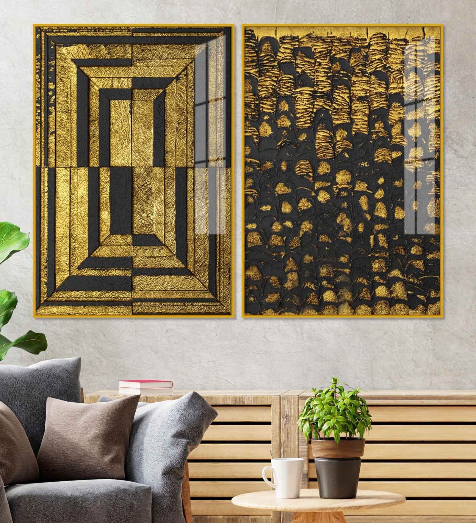 Golden Abstract Artistic Shapes Art Acrylic Framed Art Panel (Set Of 2)