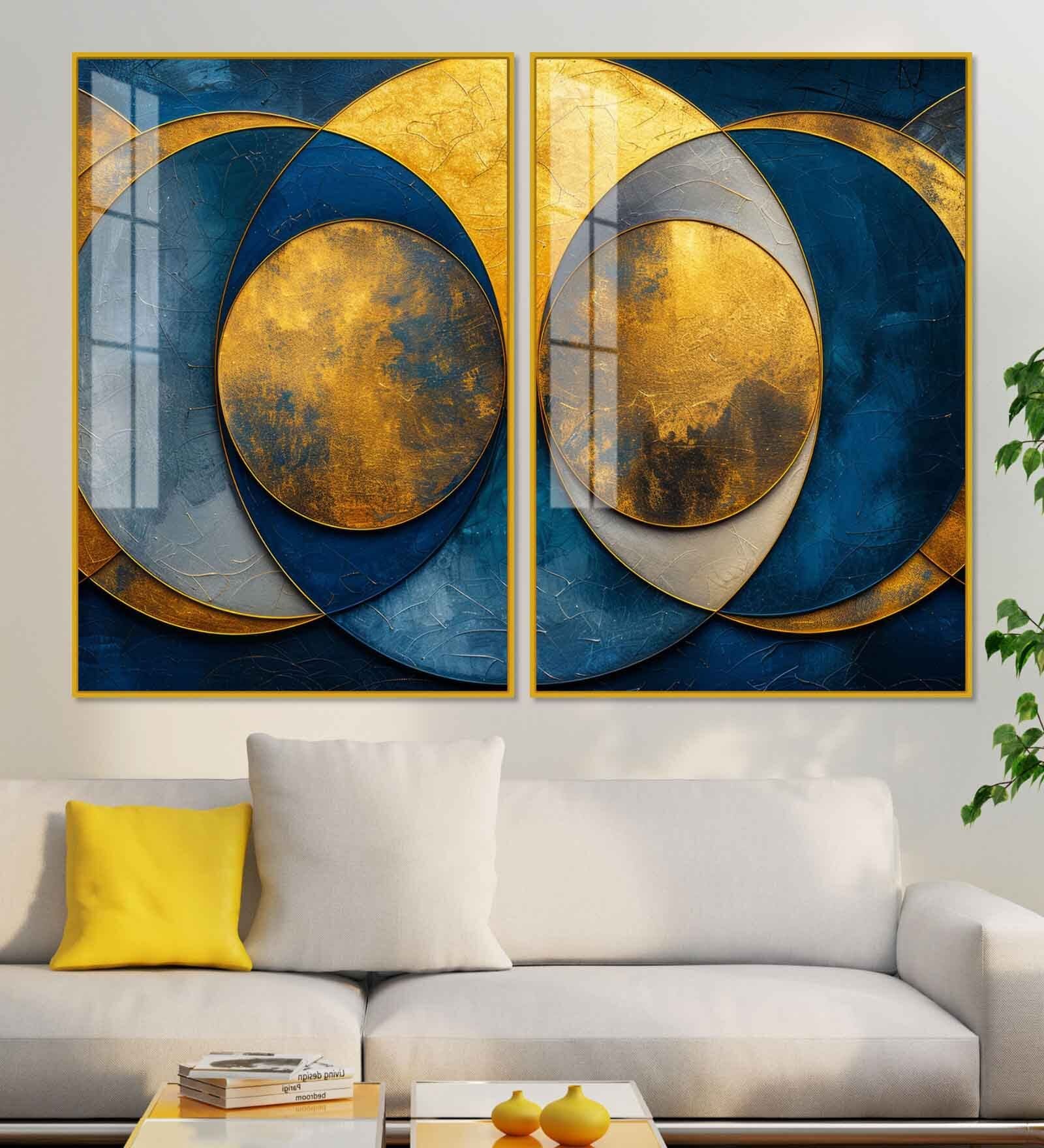 Golden Abstract Modern Circle Acrylic Framed Art Panel (Set Of 2)