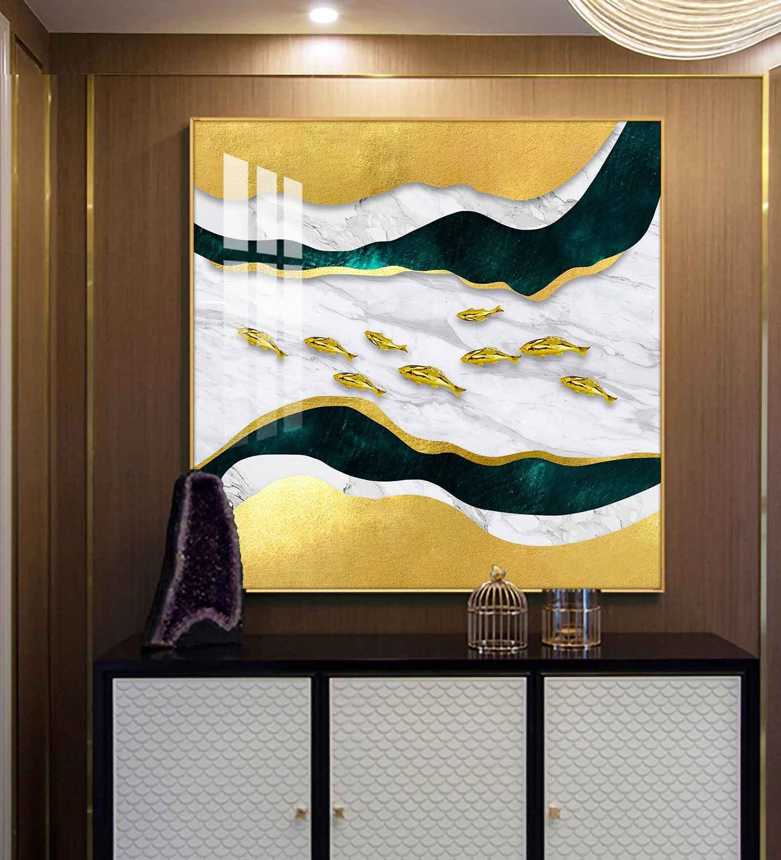 Golden Abstraction Of Fishes Glass Finish Square Wall Art