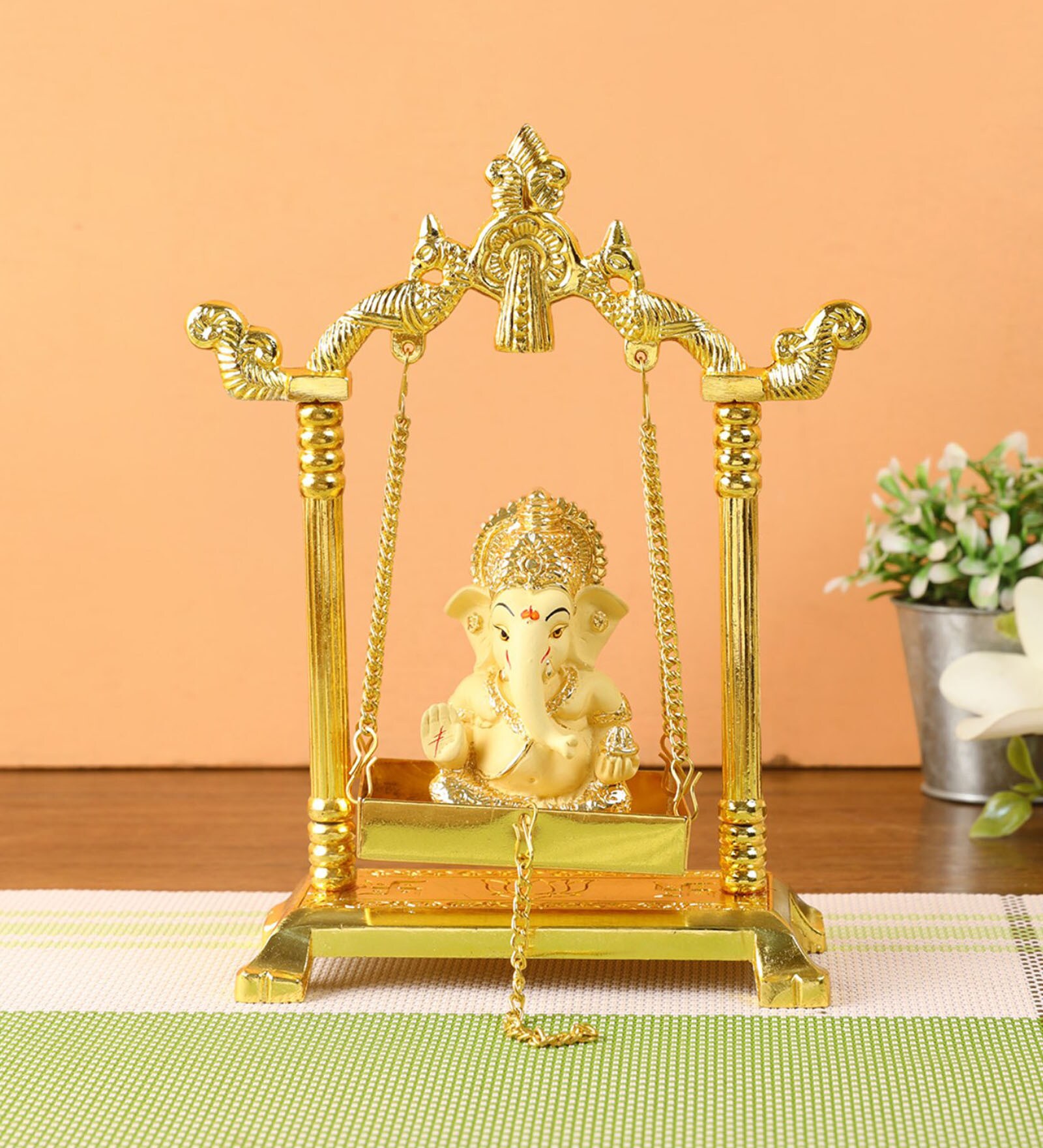 Golden Aluminium 8 Inch Ganesha On Jhulla Idol