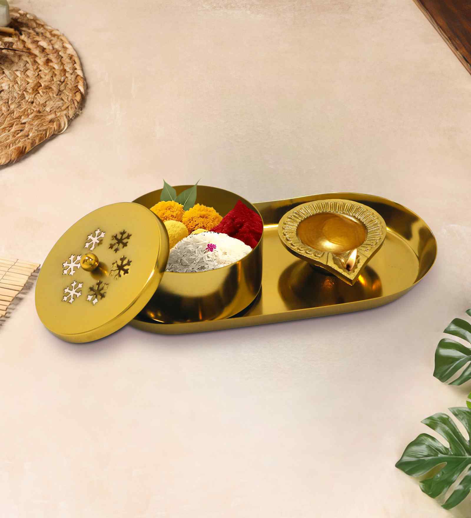 Golden Aluminium Diya With Plate And Kumkum Box