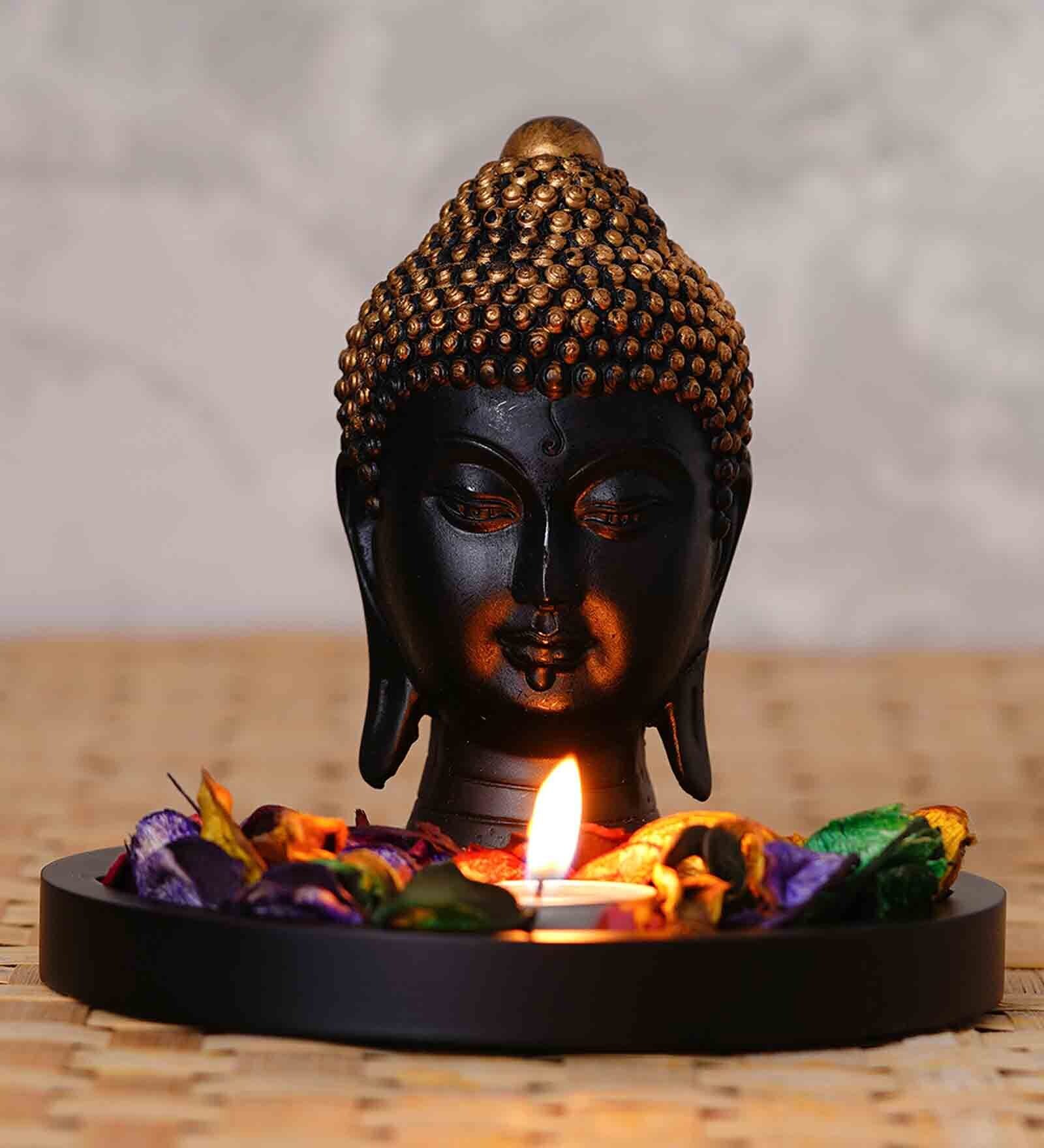 Golden And Black Polyresin Buddha Head With Wooden Base