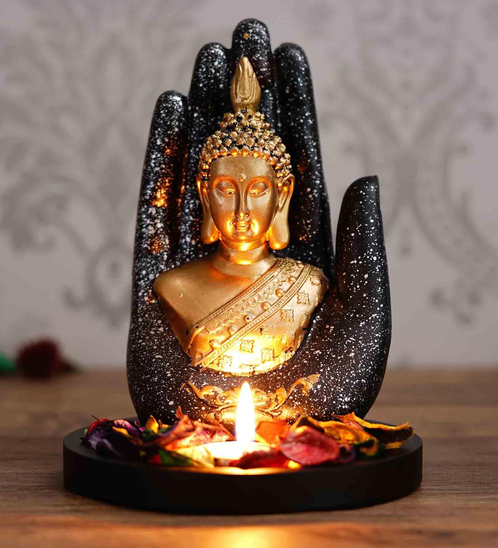 Golden and Black Polyresin Handcrafted Palm Buddha with Wooden Base