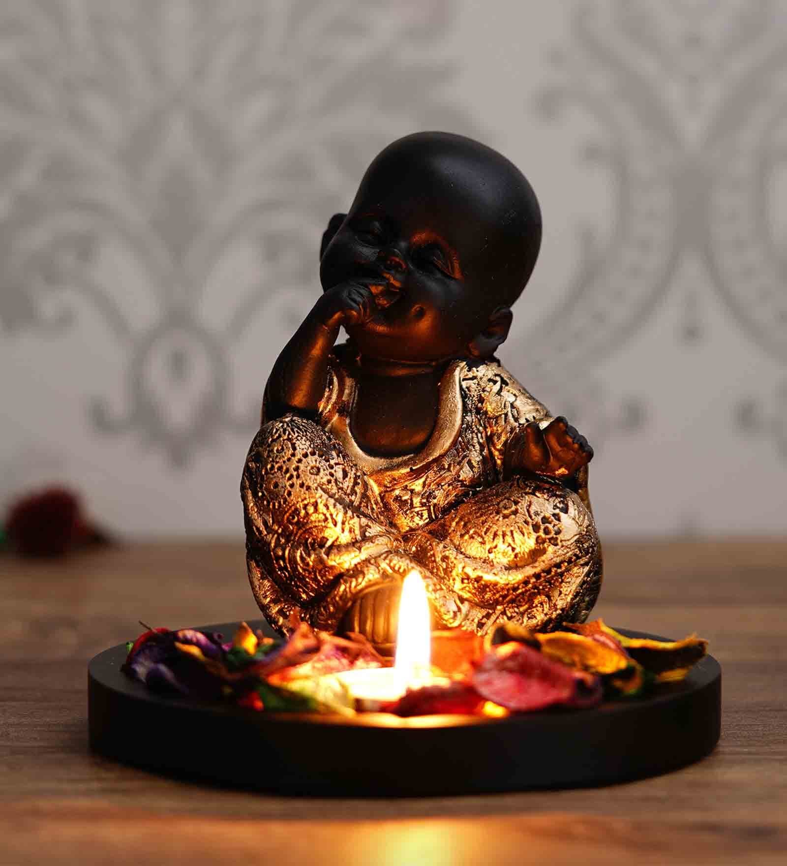 Golden and Black Polyresin Smiling Monk Buddha with Wooden Base