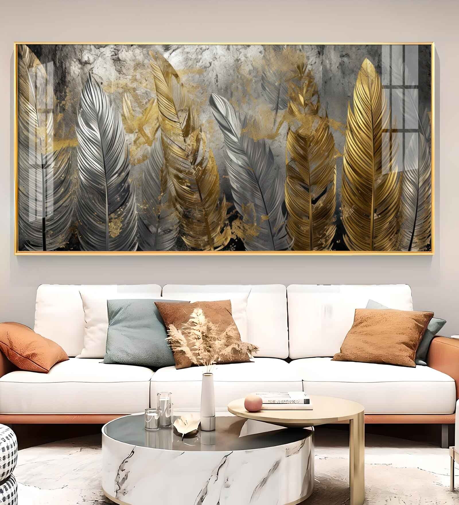 Golden And Silver Feather Glass Finish Horizontal Wall Art